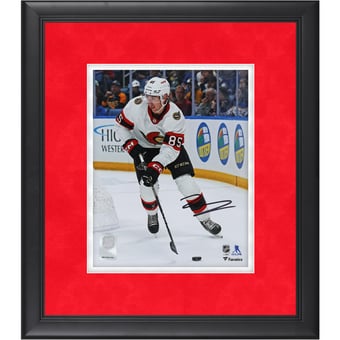 Jake Sanderson Ottawa Senators Autographed Framed 8" x 10" White Jersey NHL Debut Photograph - Suede Mat Upgrade