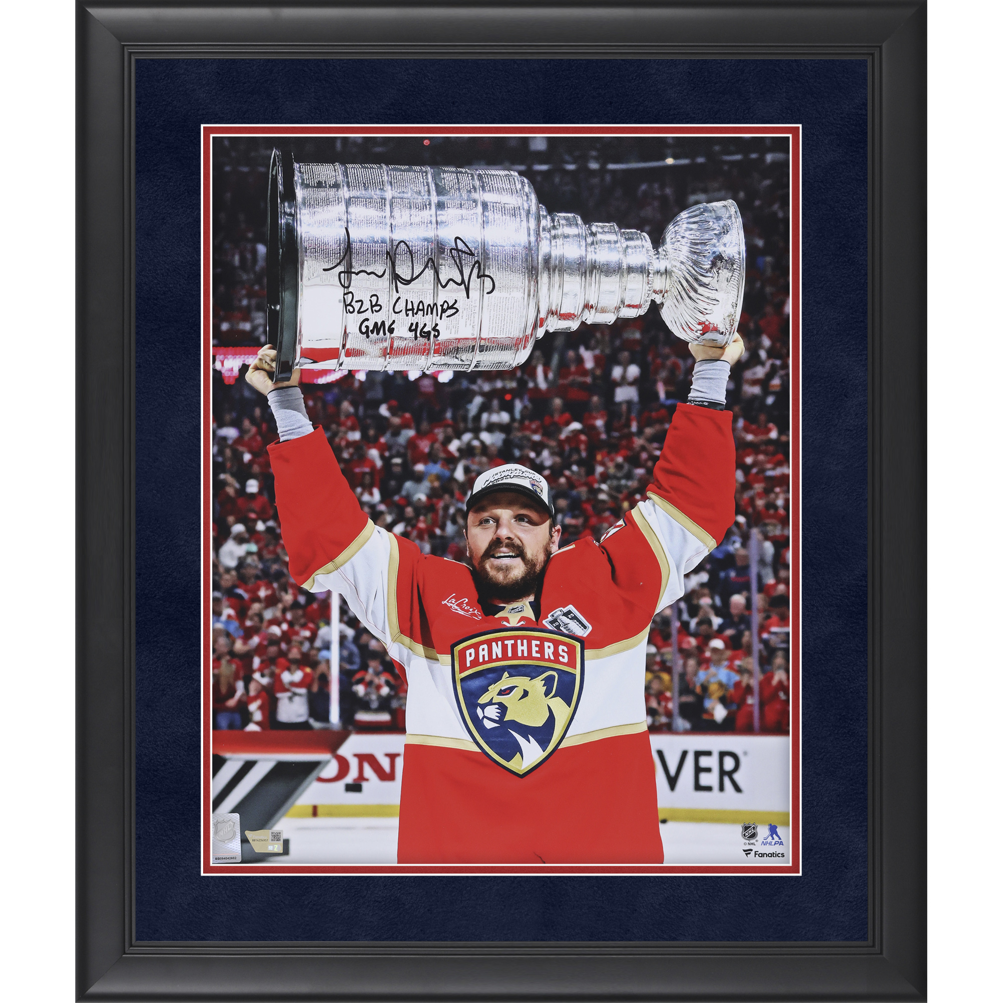 Sam Reinhart Florida Panthers Autographed Framed 16" x 20" 2025 Stanley Cup Champions Raising Cup Photograph with Multiple Inscriptions - Suede Mat Upgrade - Limited Edition of 50