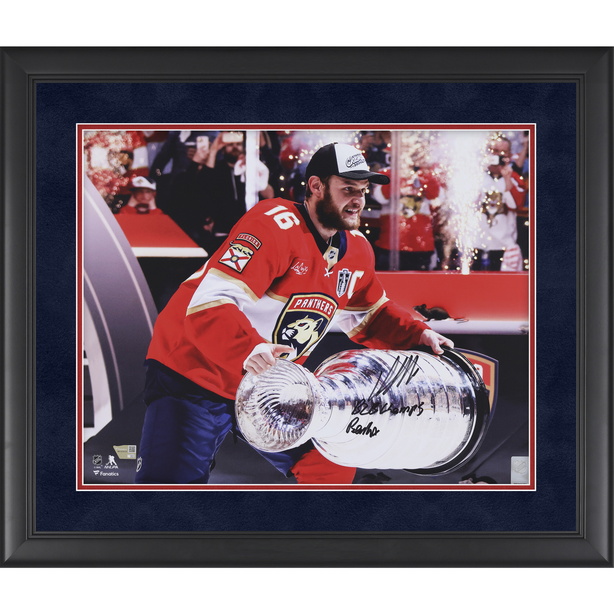 Aleksander Barkov Florida Panthers Autographed Framed 16" x 20" 2025 Stanley Cup Champions Raising Cup Photograph with Multiple Inscriptions - Suede Mat Upgrade - Limited Edition of 50