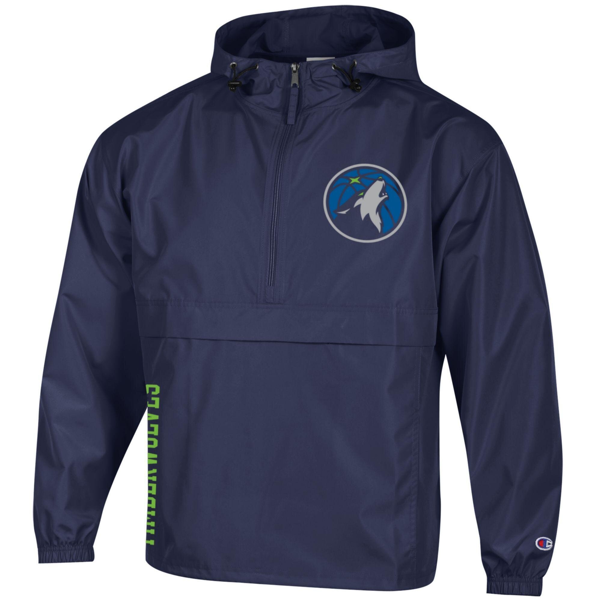 Men's Champion Navy Minnesota Timberwolves Packable Lightweight Hooded Windbreaker Half-Zip Jacket