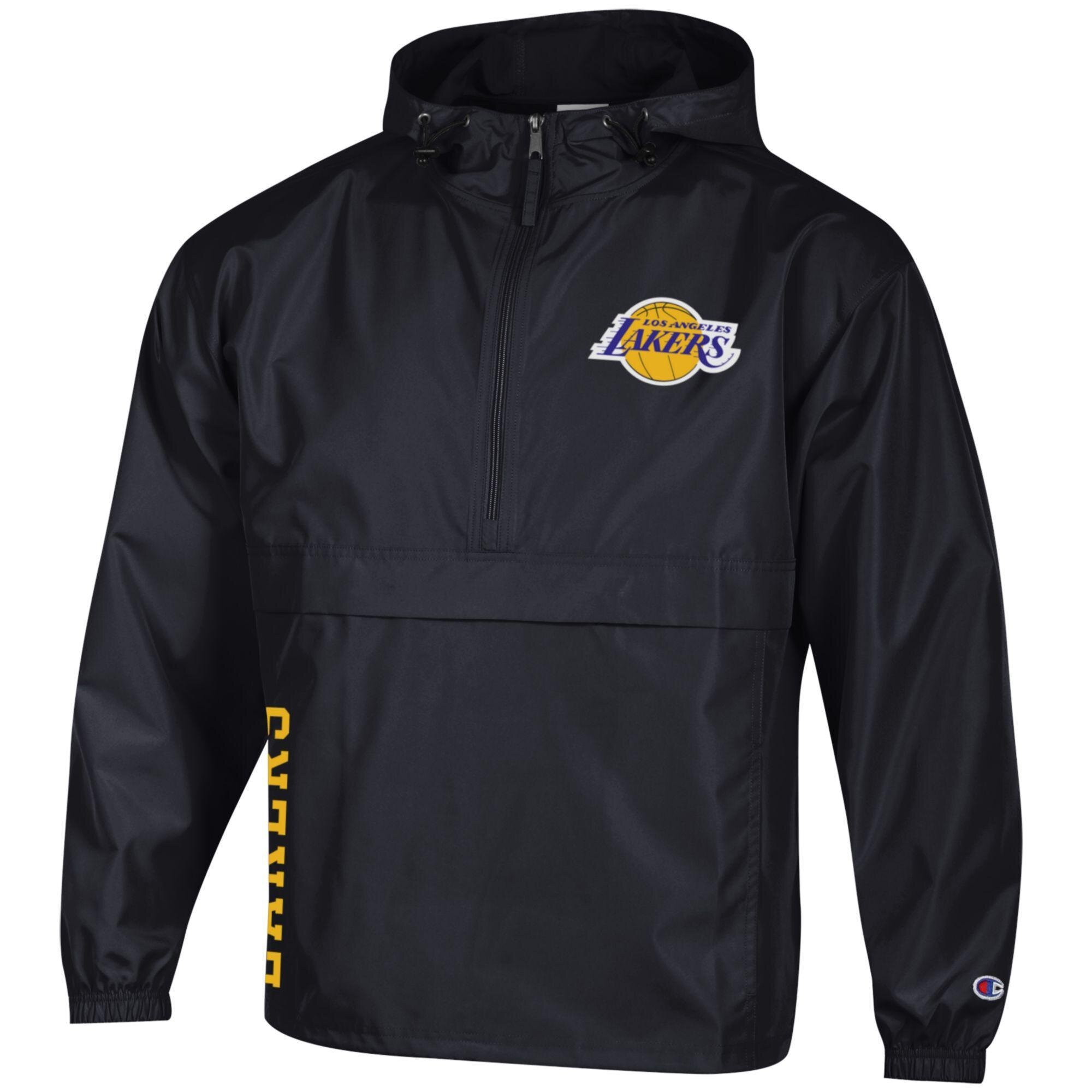 Men's Champion Black Los Angeles Lakers Packable Lightweight Hooded Windbreaker Half-Zip Jacket
