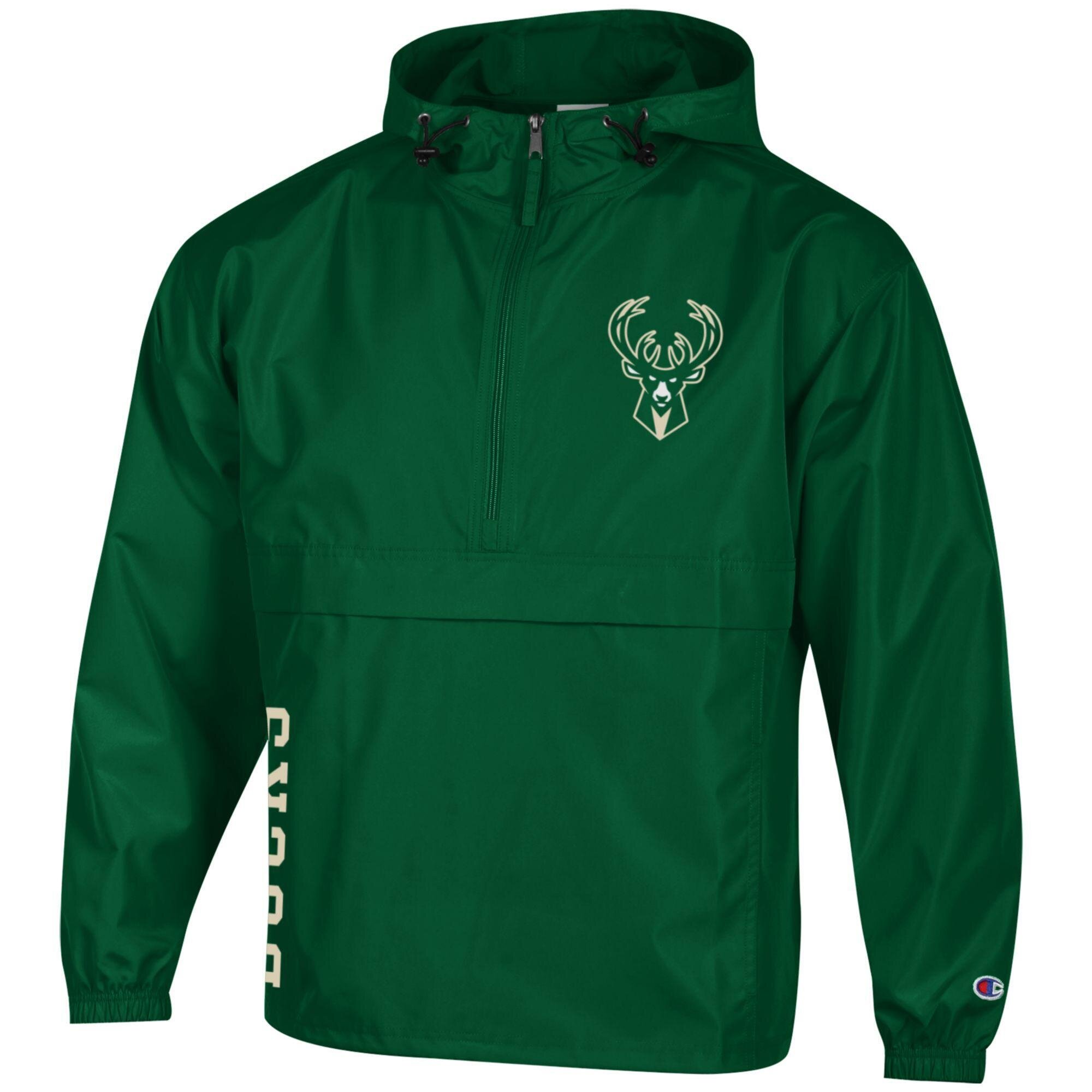 Men's Champion  Hunter Green Milwaukee Bucks Packable Lightweight Hooded Windbreaker Half-Zip Jacket
