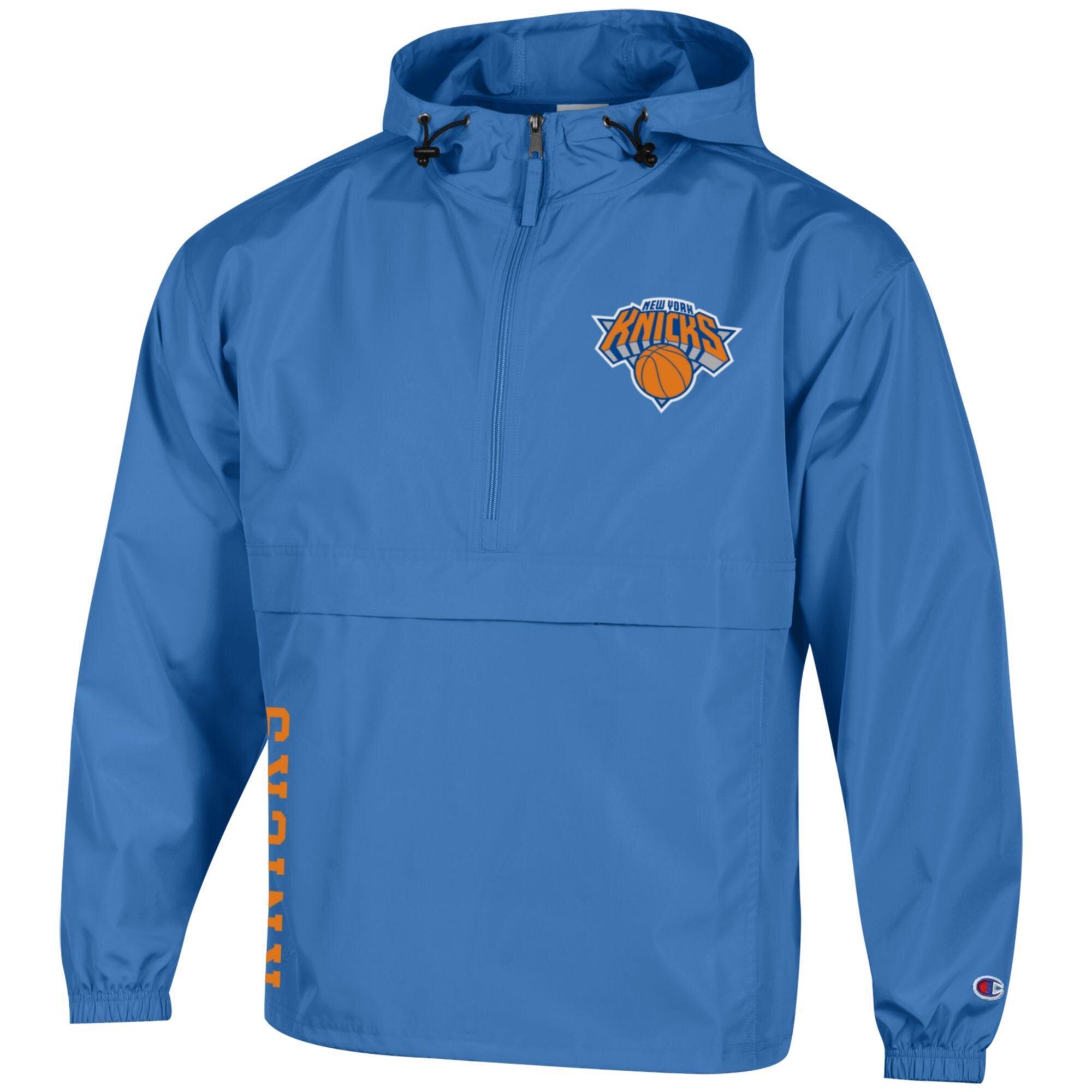Men's Champion  Blue New York Knicks Packable Lightweight Hooded Windbreaker Half-Zip Jacket