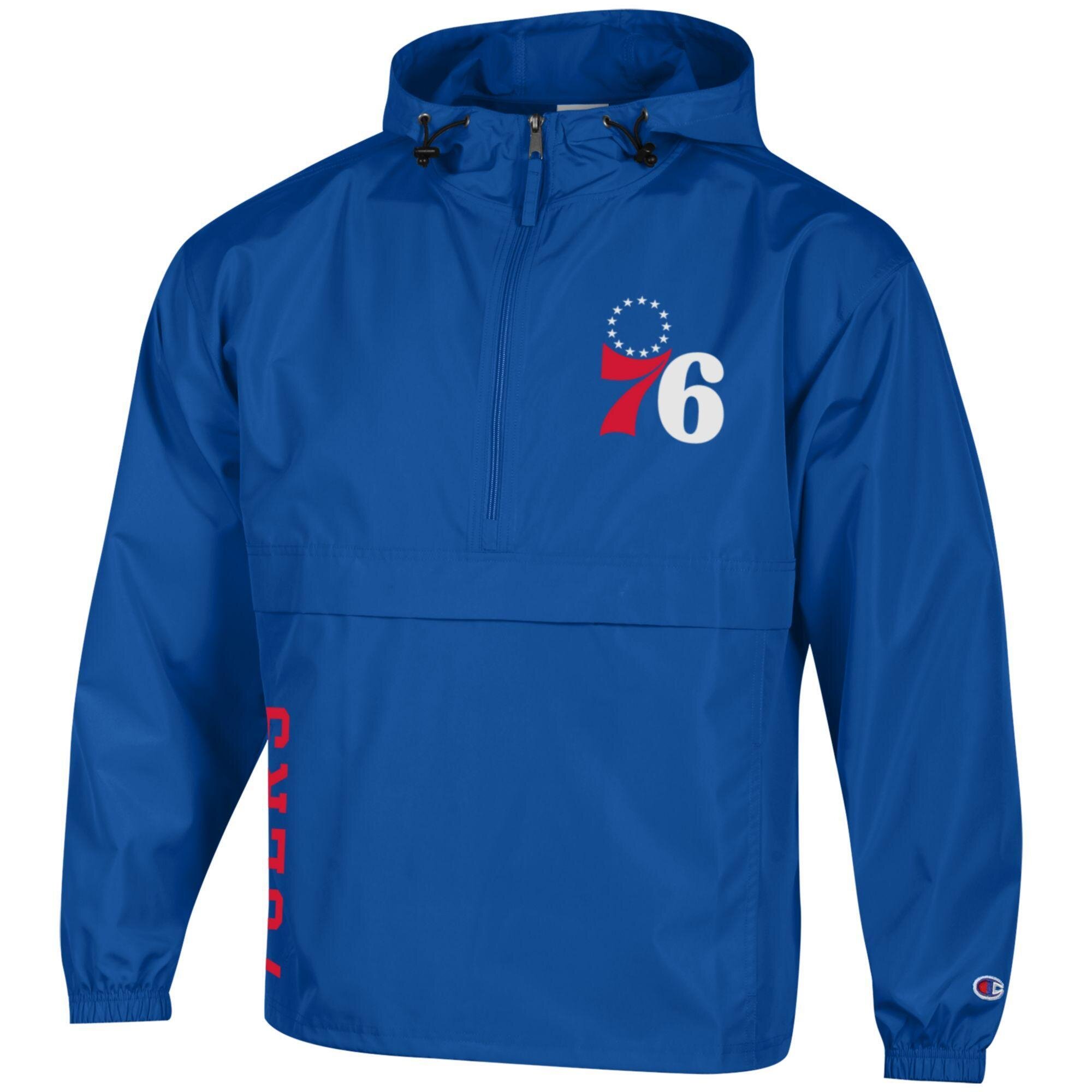 Men's Champion Royal Philadelphia 76ers Packable Lightweight Hooded Windbreaker Half-Zip Jacket