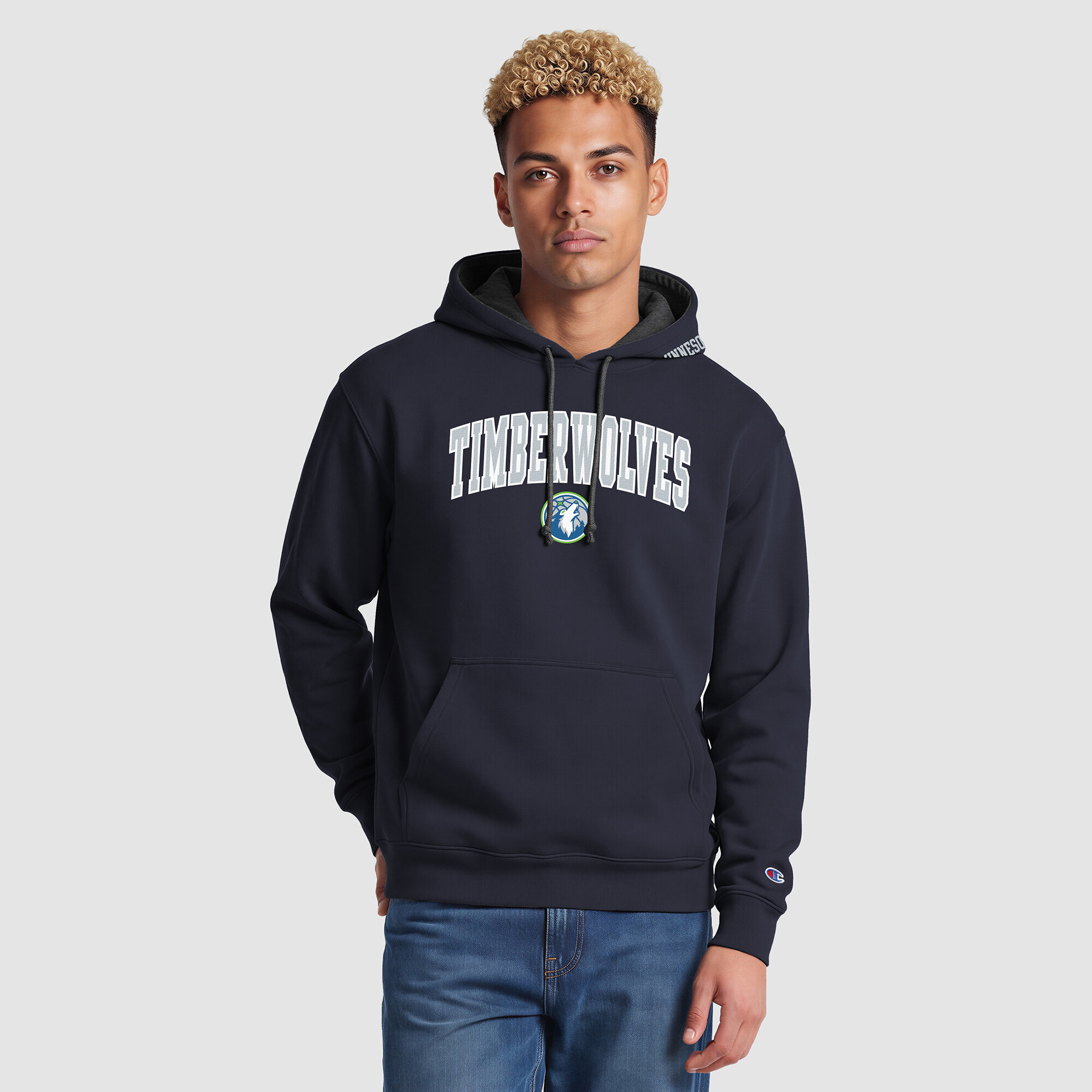 Champion Men's Navy Minnesota Timberwolves Contrast Liner Pullover Hoodie - Navy, Heather Gray