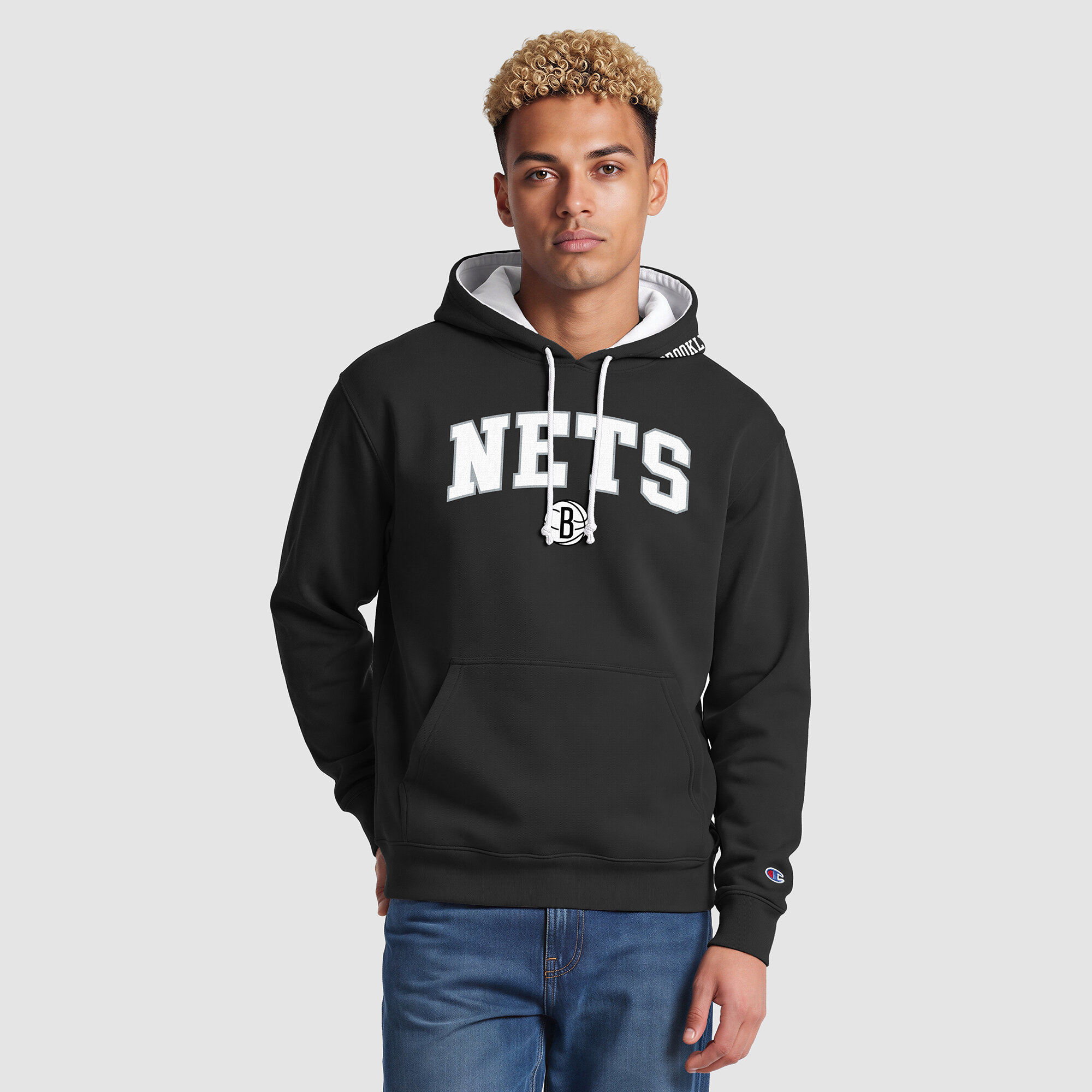 Men's Champion  Black Brooklyn Nets Contrast Liner Hoodie