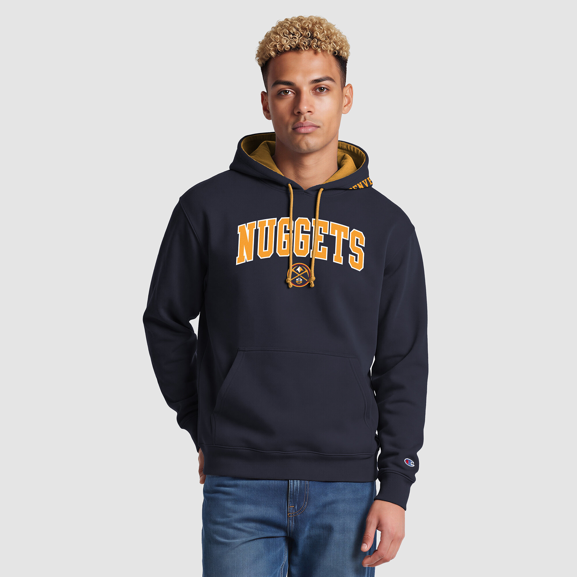 Champion Men's Navy Denver Nuggets Contrast Liner Pullover Hoodie - Navy, Gold