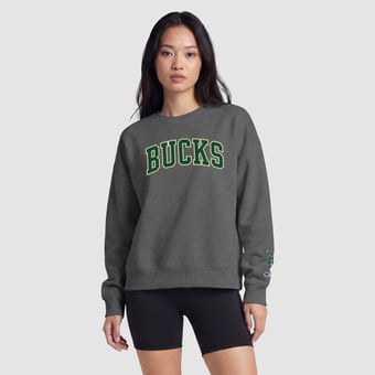 Women's Champion  Heather Gray Milwaukee Bucks Contrast Crewneck Sweatshirt