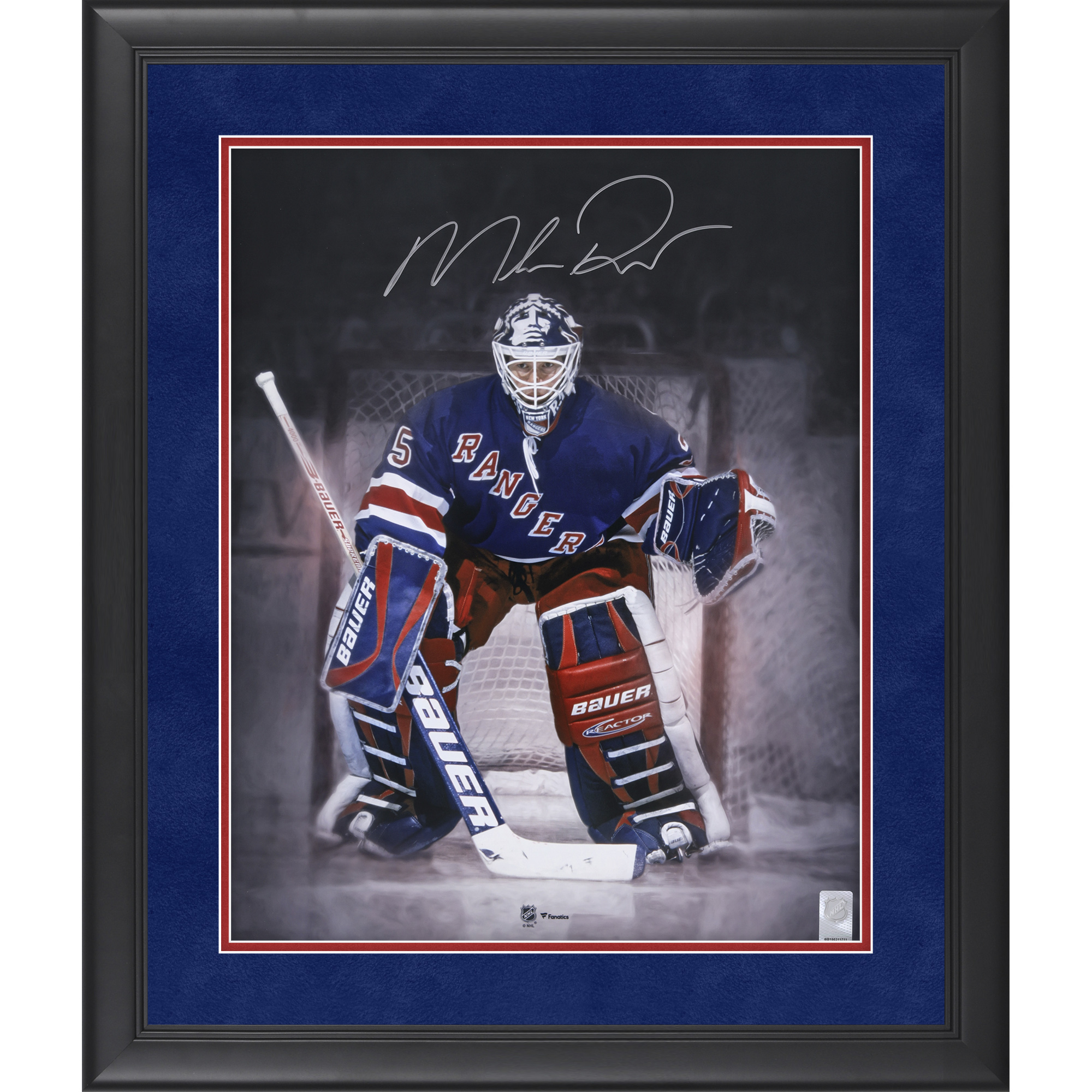 Mike Richter New York Rangers Autographed Framed 16" x 20" Blue Jersey In Net Spotlight Photograph