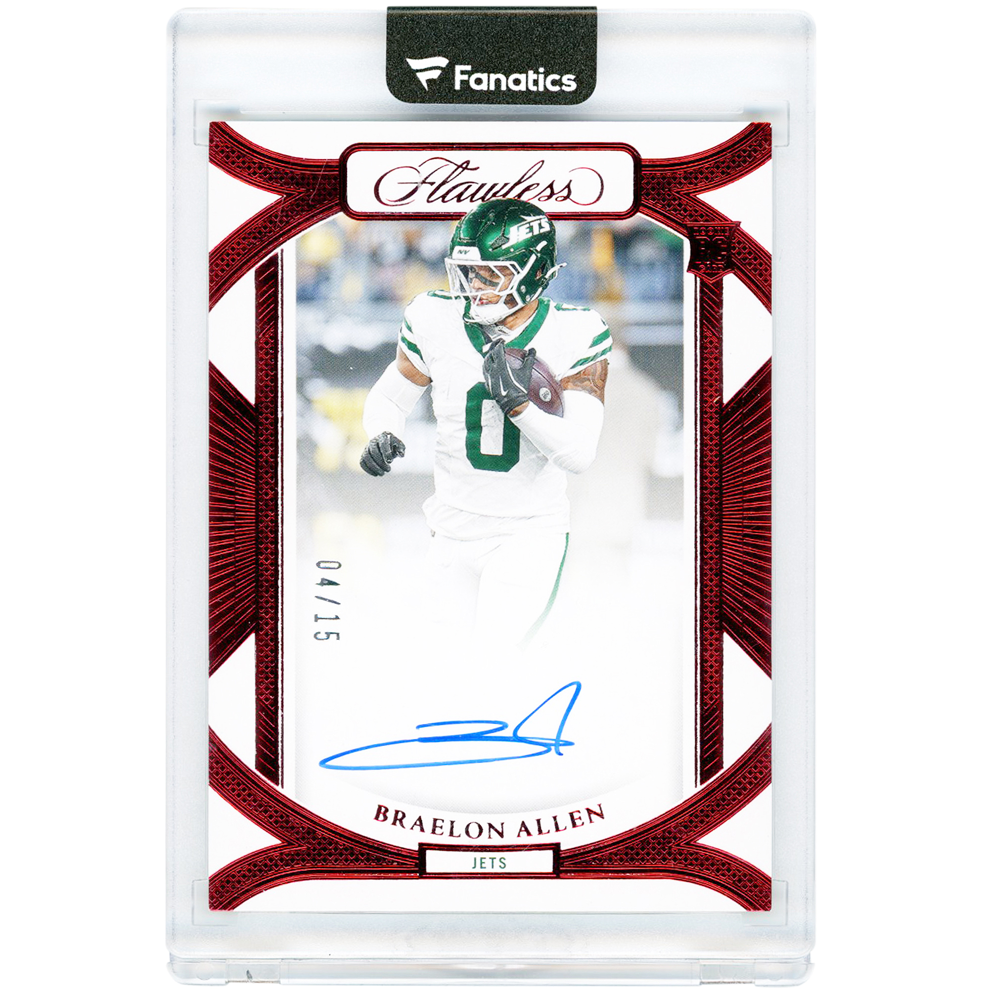 Braelon Allen New York Jets Autographed 2024 Panini Flawless Ruby Rookie Frame #RFS-BAN #4/15 Rookie Card