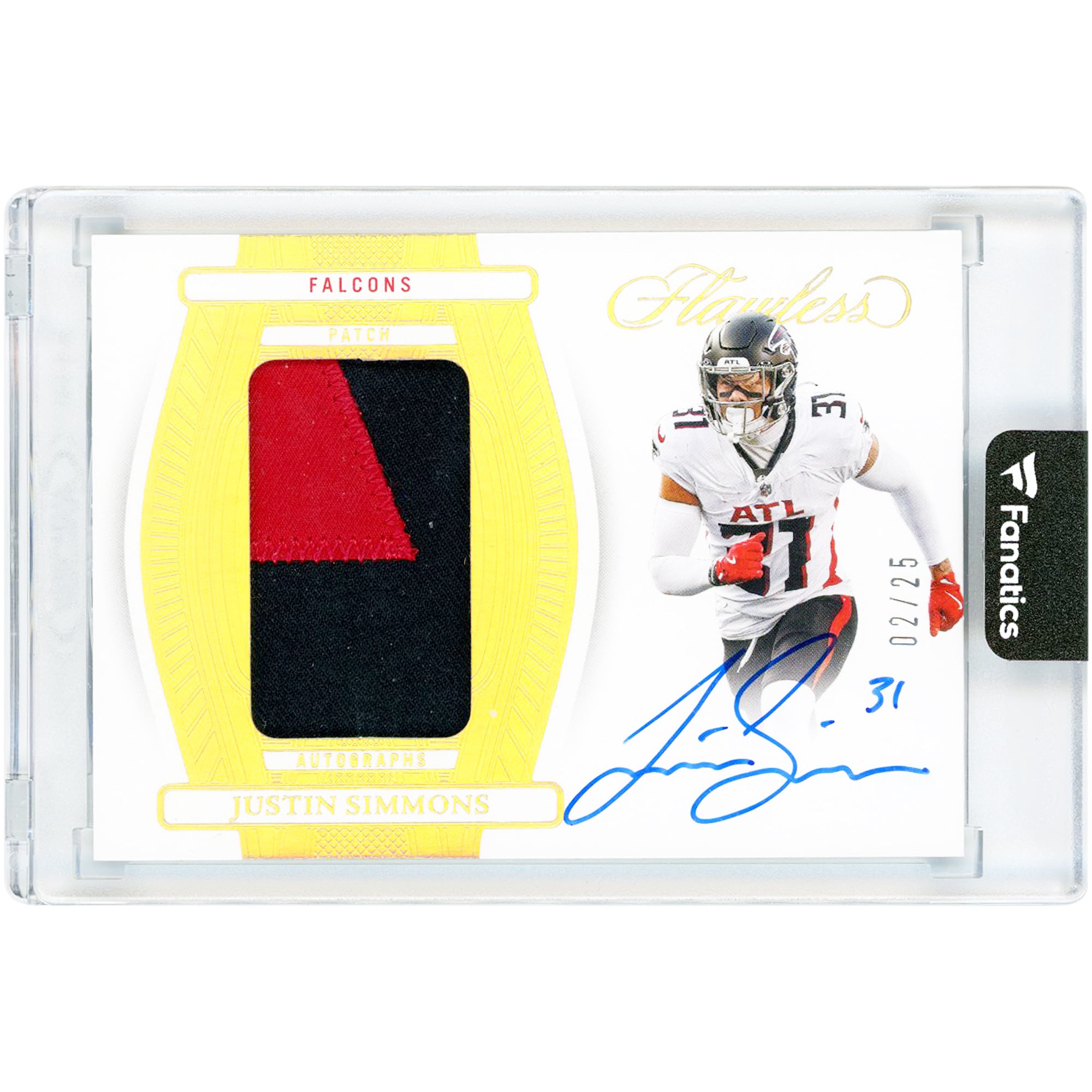 Justin Simmons Atlanta Falcons Autographed 2024 Panini Flawless Holo Gold Patch Dual-Color Relic #PA-JSS #2/25 Card. rookie card picture