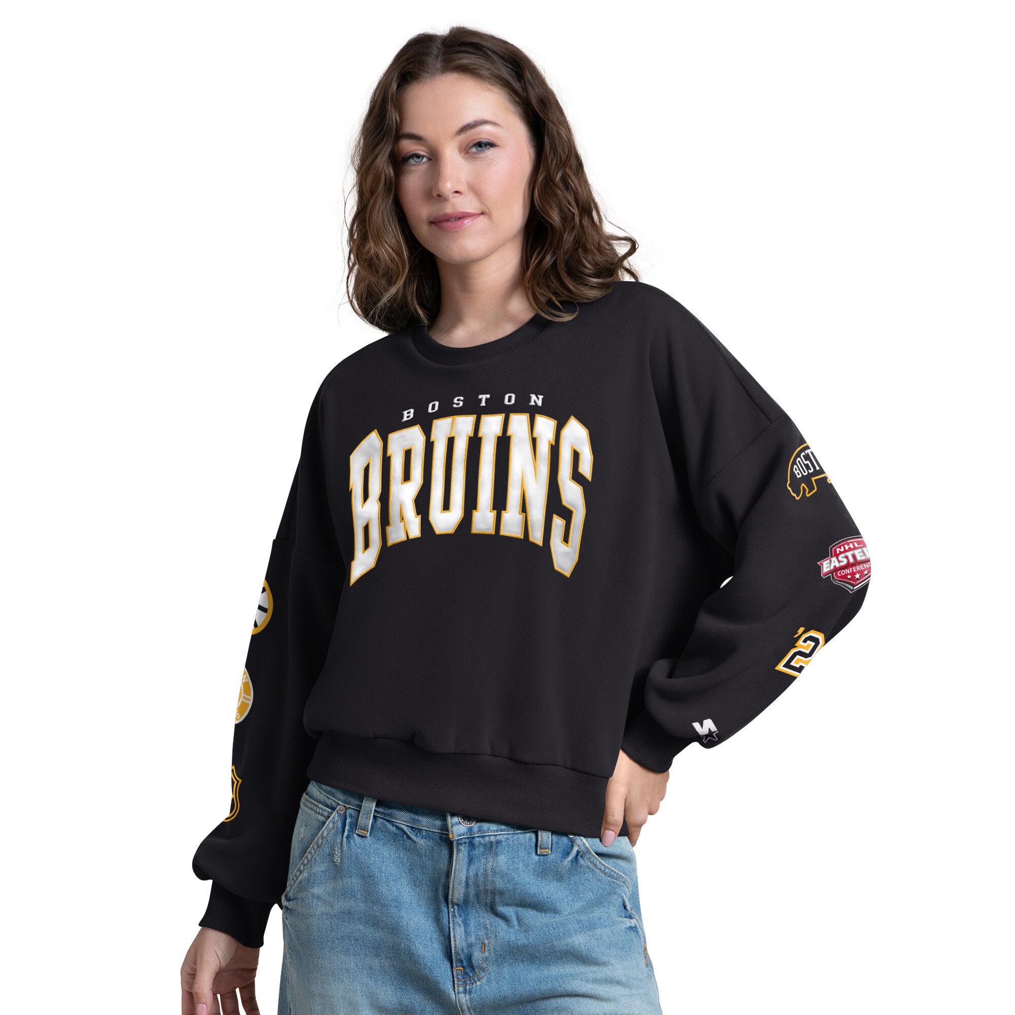 Women's Starter Black Boston Bruins Fan Catch Applique Sleeve Print Sweatshirt