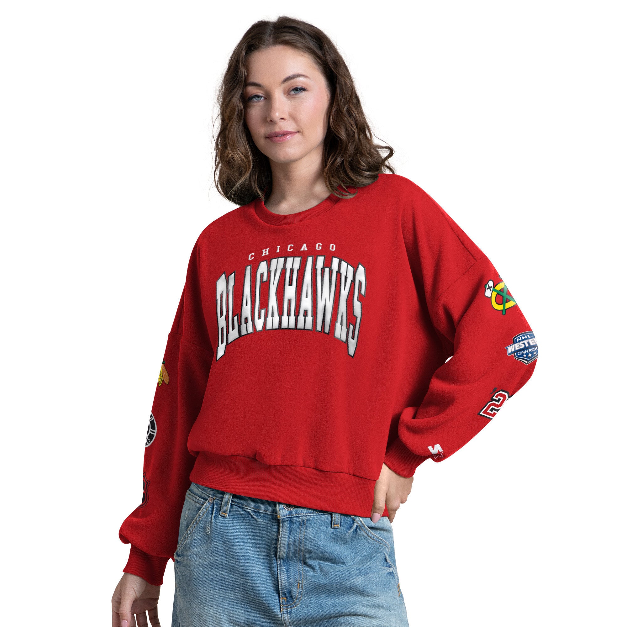 Women's Starter Red Chicago Blackhawks Fan Catch Applique Sleeve Print Sweatshirt