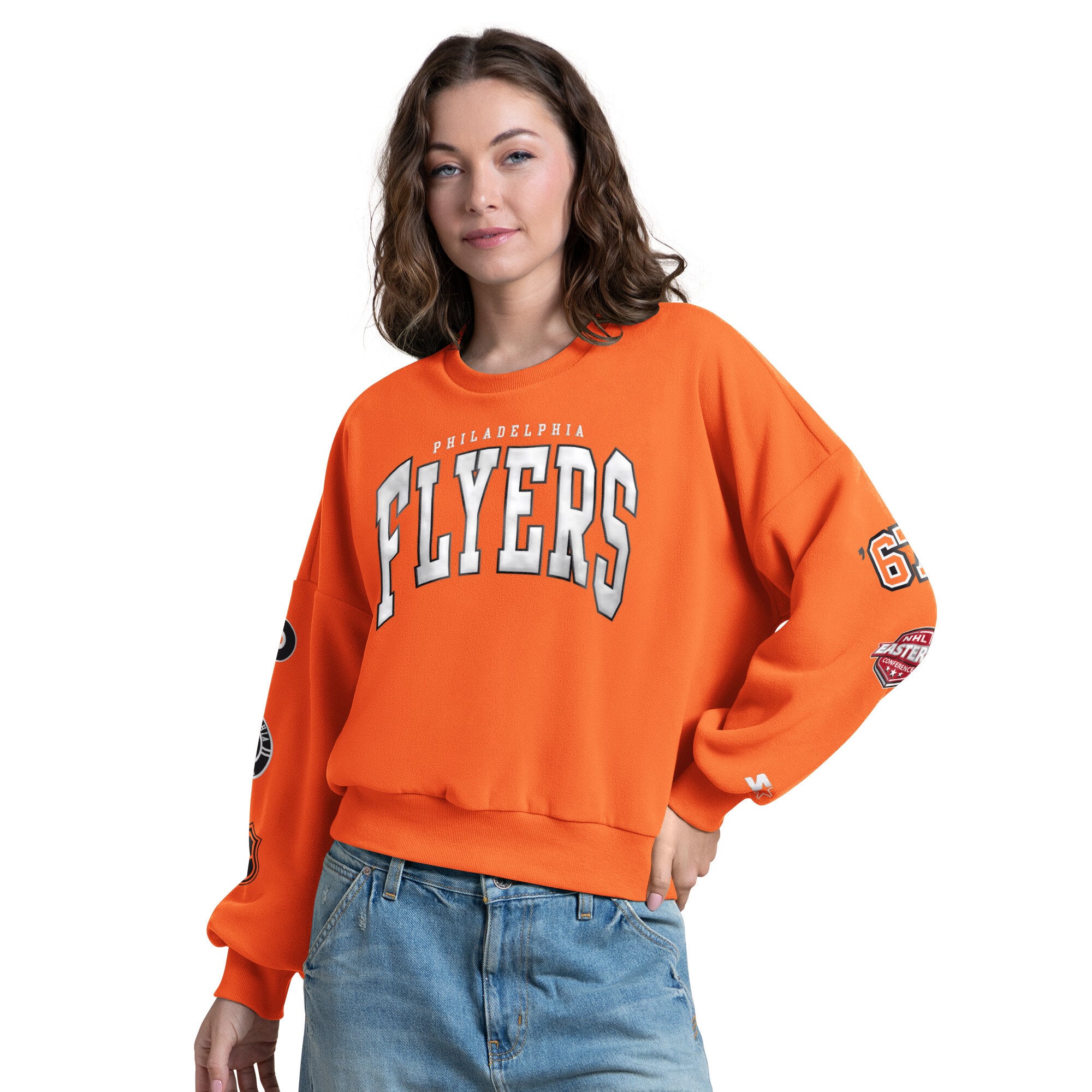 Women's Starter Orange Philadelphia Flyers Fan Catch Applique Sleeve Print Sweatshirt