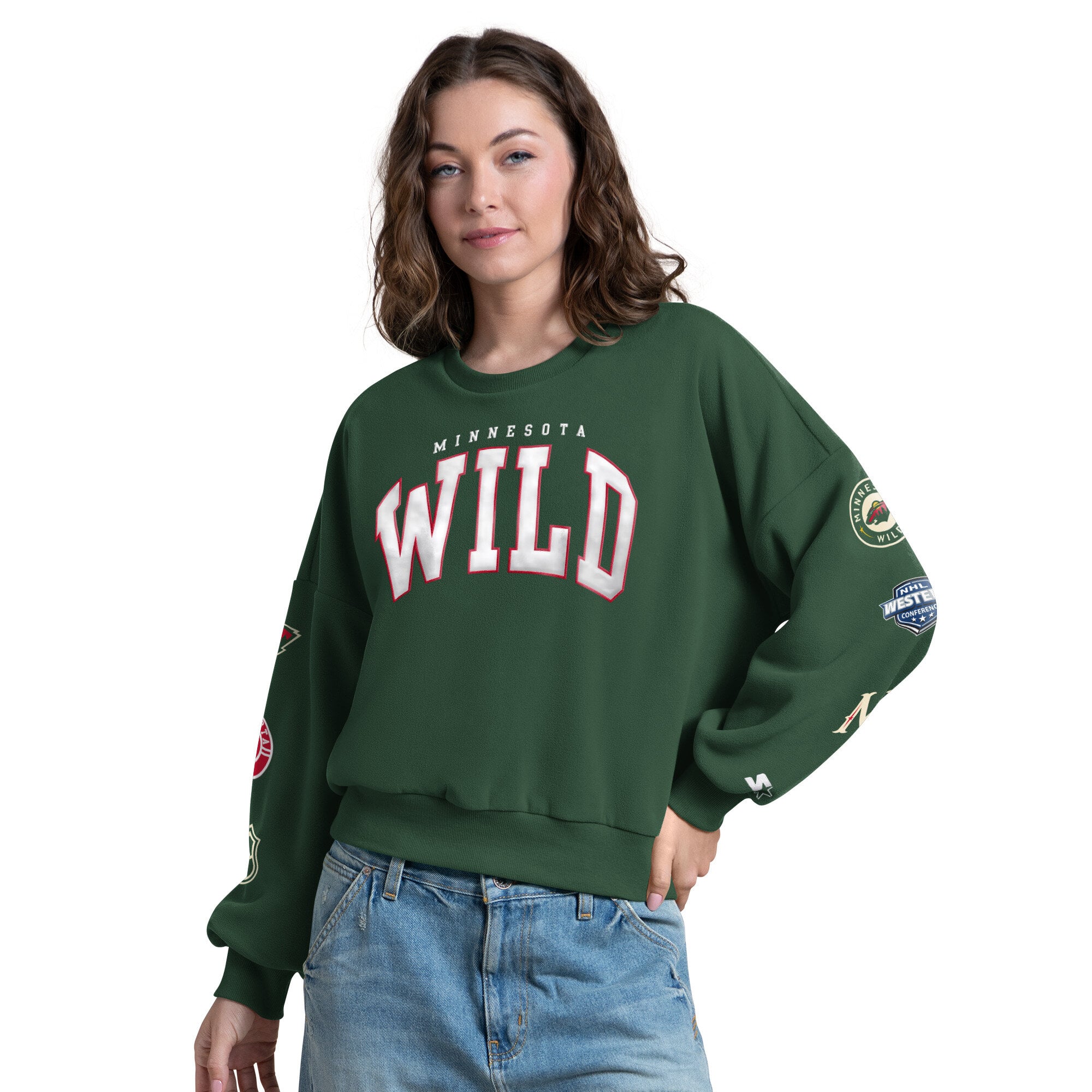 Women's Starter Green Minnesota Wild Fan Catch Applique Sleeve Print Sweatshirt