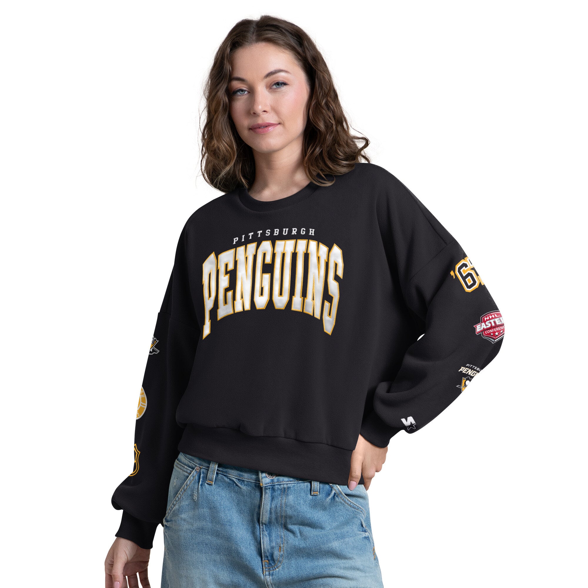 Women's Starter Black Pittsburgh Penguins Fan Catch Applique Sleeve Print Sweatshirt
