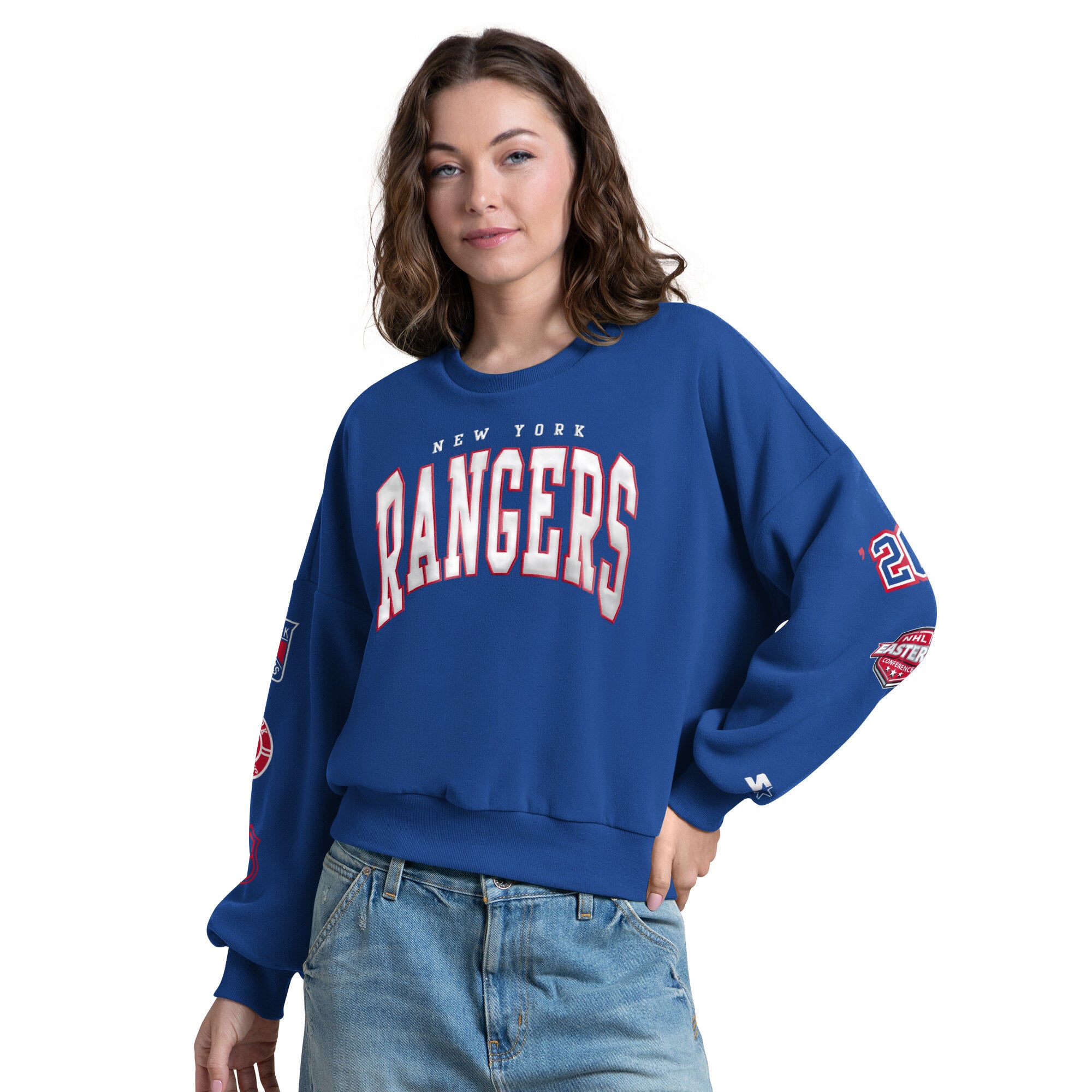 Women's Starter Blue New York Rangers Fan Catch Applique Sleeve Print Sweatshirt