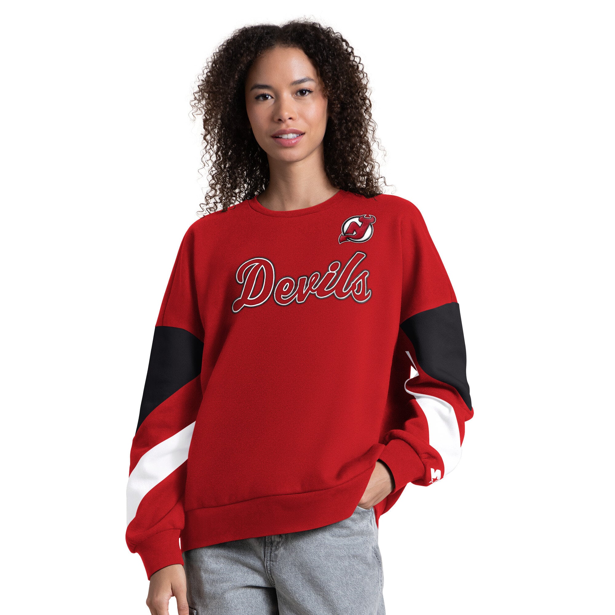 Women's Starter Red New Jersey Devils Grand Slam Sleeve Color Block Sweatshirt