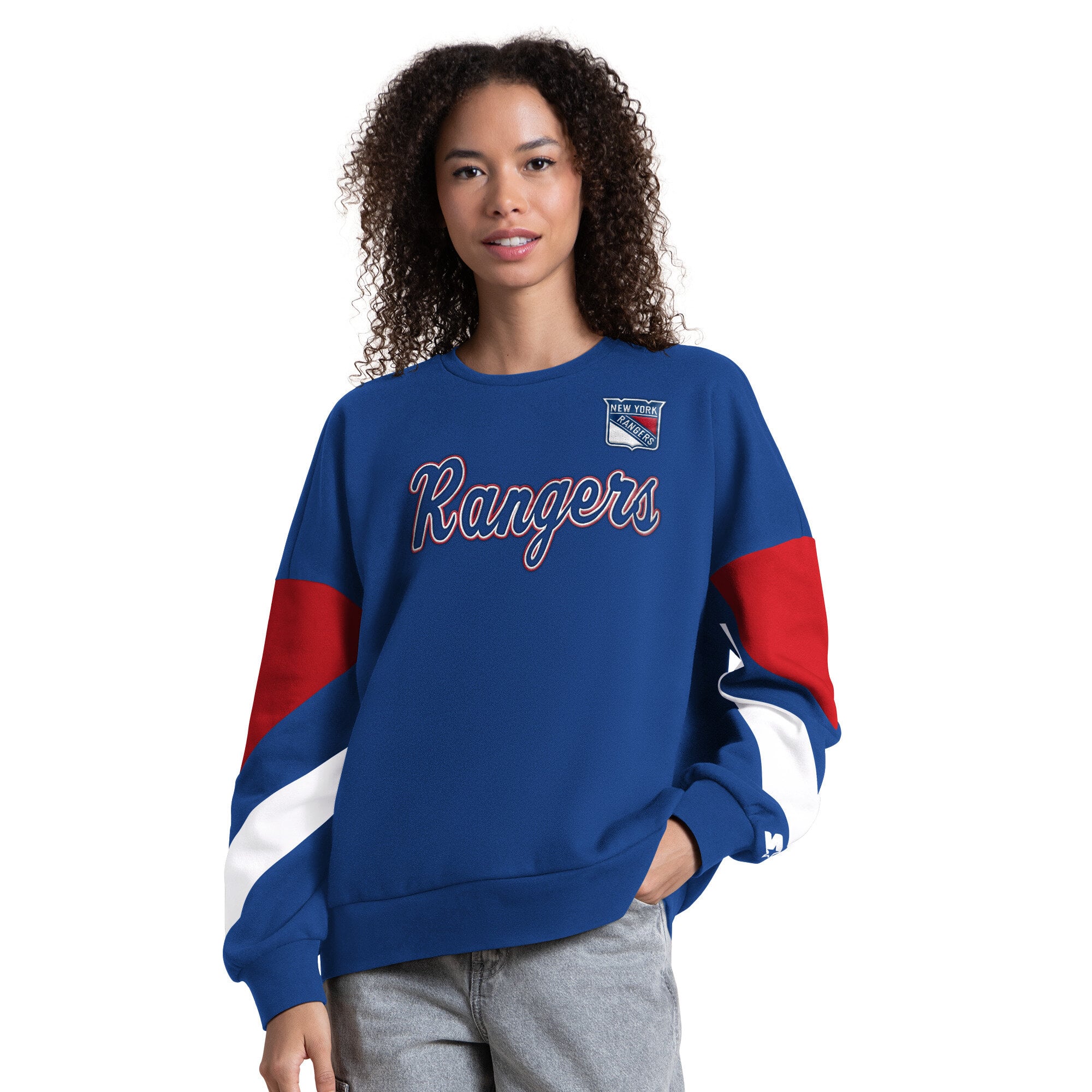 Women's Starter Blue New York Rangers Grand Slam Sleeve Color Block Sweatshirt
