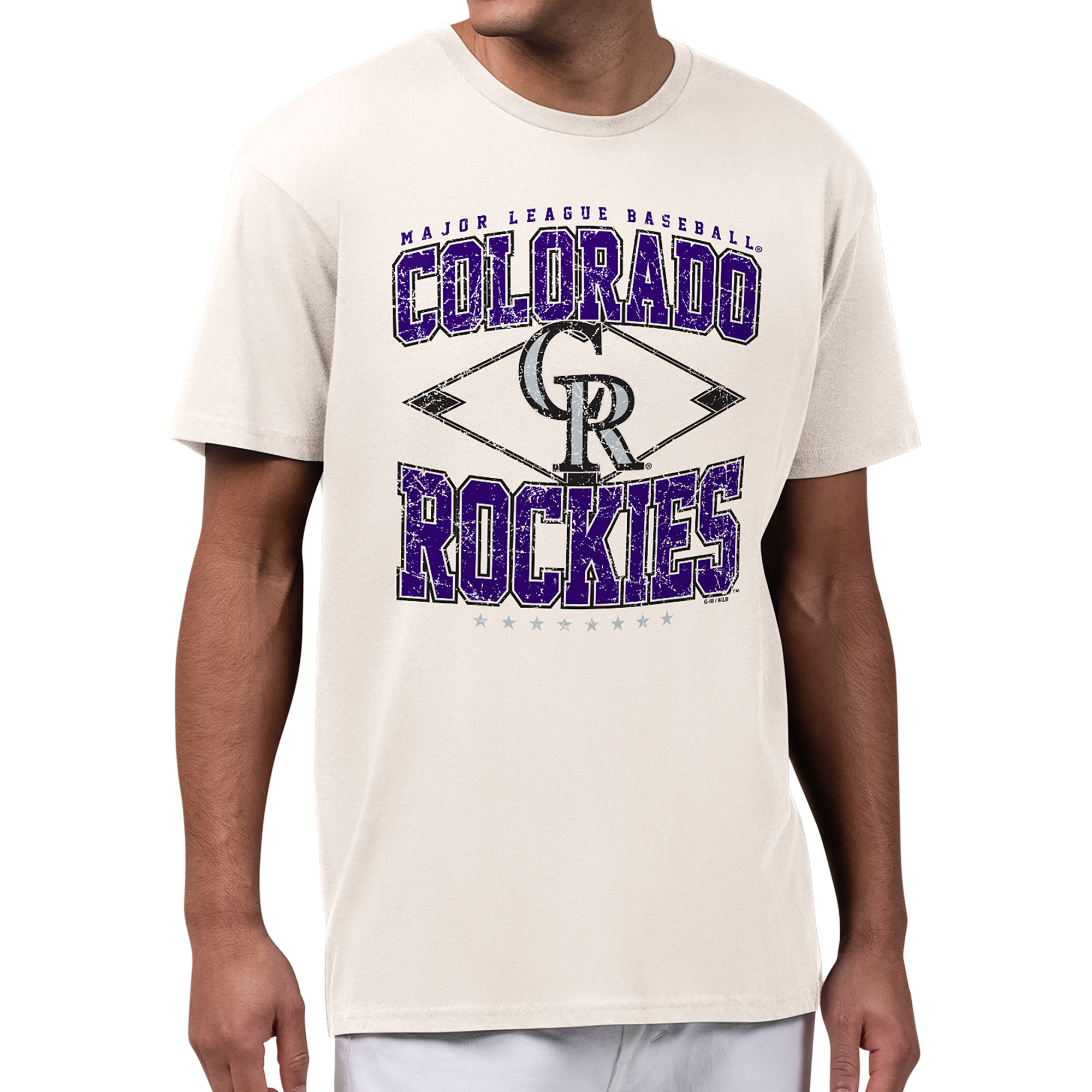 Men’s Starter Cream Colorado Rockies Distressed Diamond T-Shirt