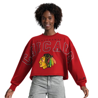 Women's Starter  Red Chicago Blackhawks Bleachers Cropped Drop Shoulder Sweatshirt