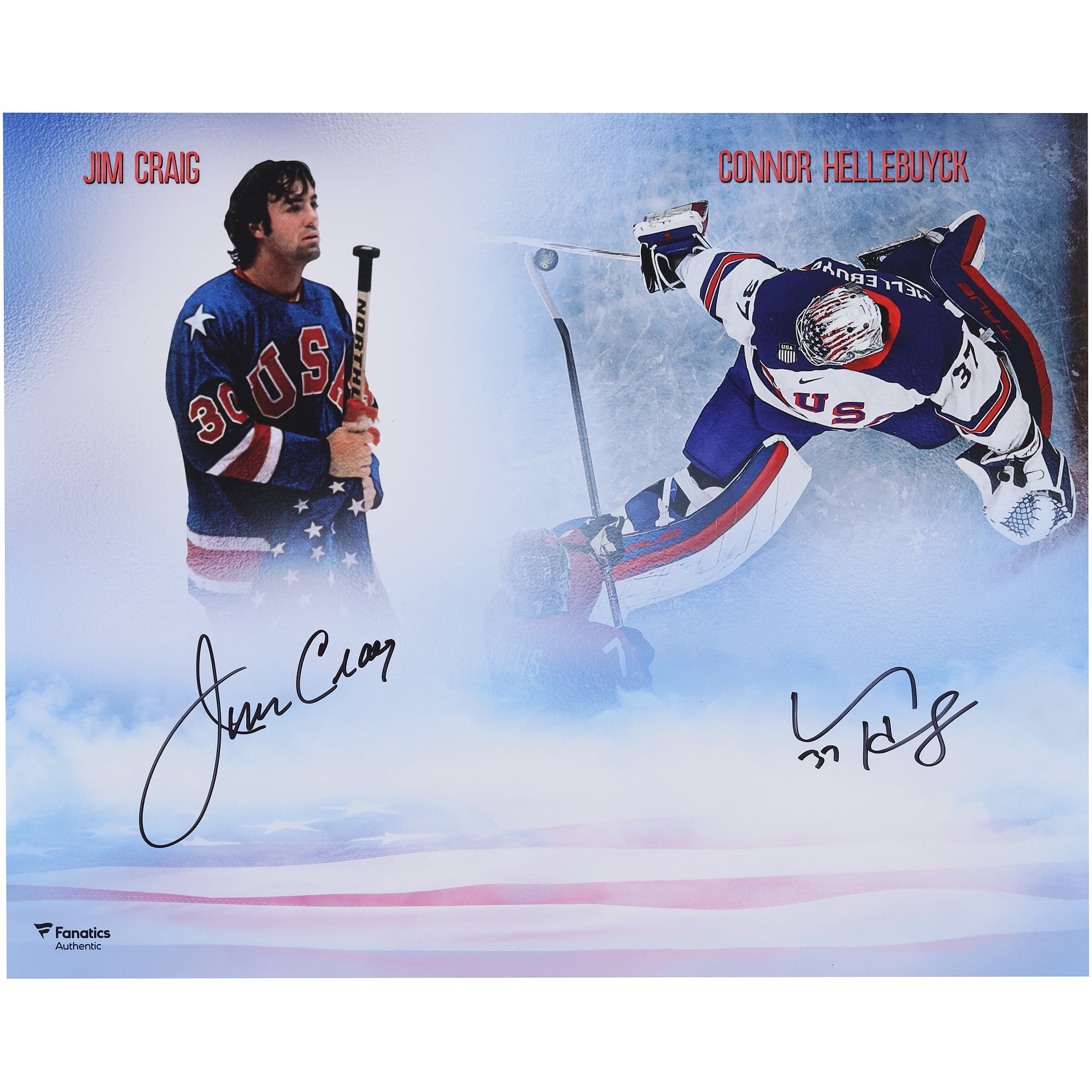 Connor Hellebuyck & Jim Craig Team USA Autographed 16" x 20" USA Stylized Photograph