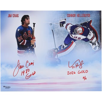 Connor Hellebuyck & Jim Craig Team USA Autographed 16" x 20" USA Stylized Photograph with Multiple Inscriptions - Limited Edition of 5 - Signed in Red