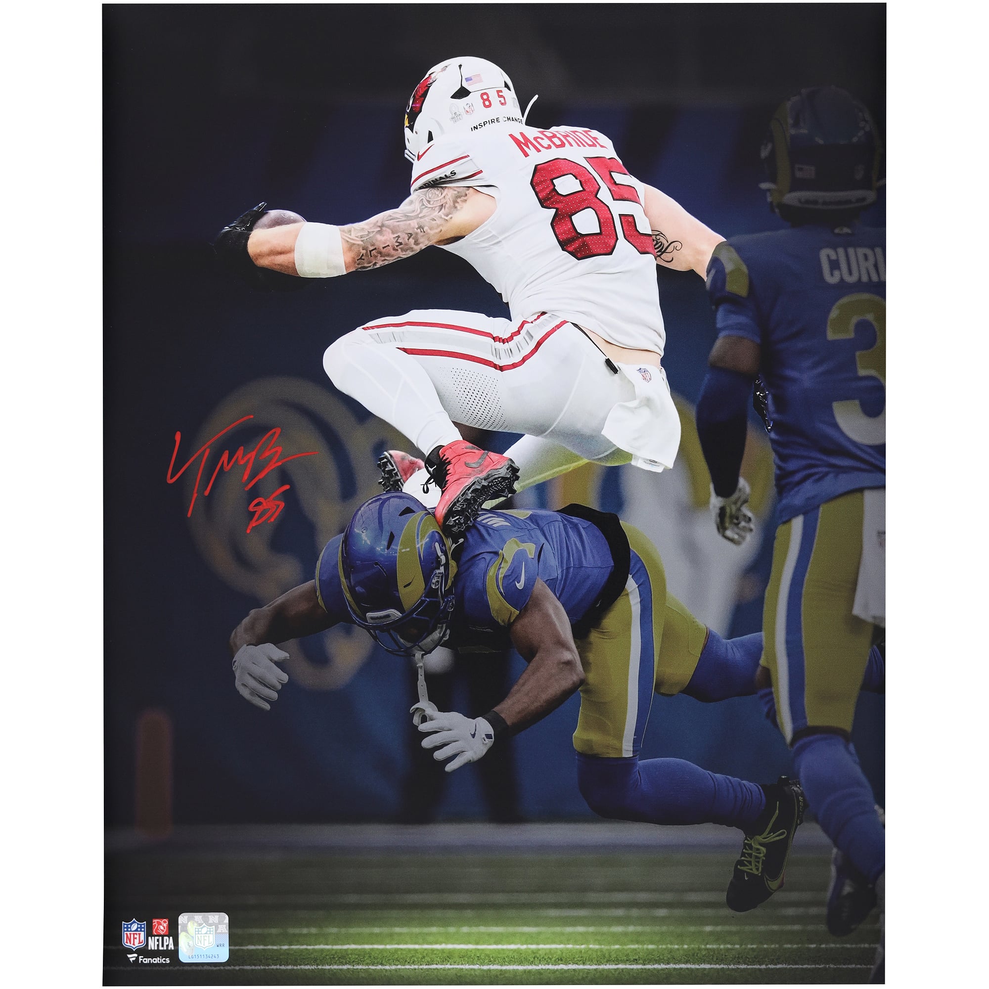 Trey McBride Arizona Cardinals Autographed 16" x 20" Hurdle Over Defender Photograph