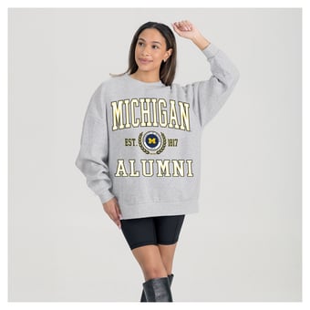 Women's Gameday Couture Ash Michigan Wolverines Degree Unlocked Oversized Premium Fleece Sweatshirt