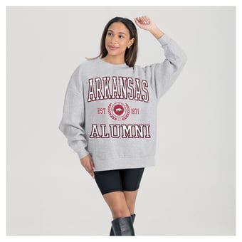 Women's Gameday Couture Ash Arkansas Razorbacks Degree Unlocked Oversized Premium Fleece Sweatshirt