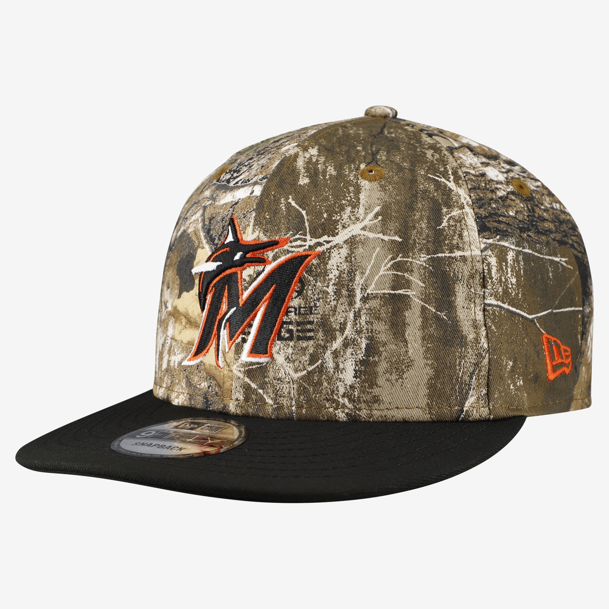 Men's New Era Camo Miami Marlins Realtree Orange Pop 9FIFTY Snapback Hat