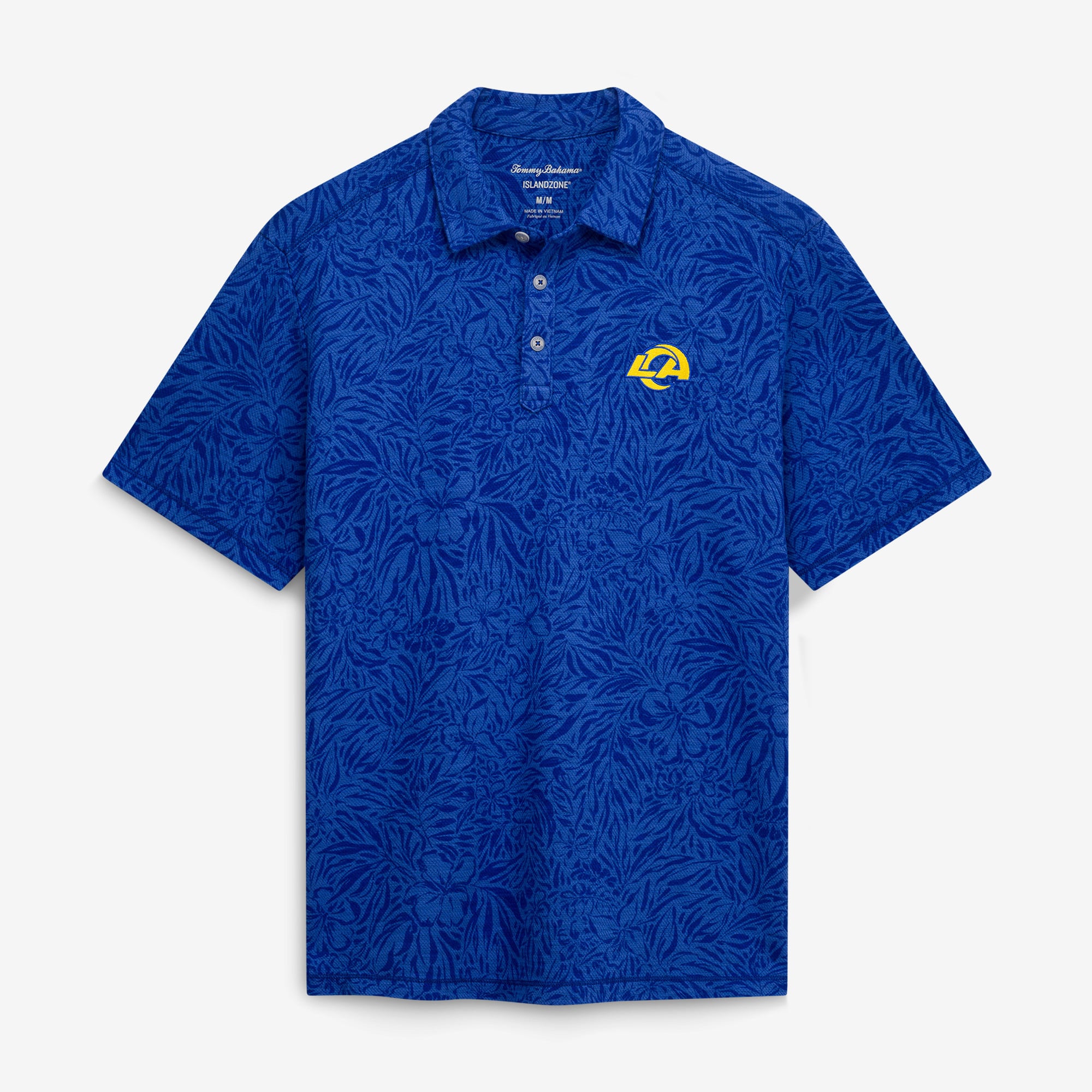 Men's Tommy Bahama Royal Los Angeles Rams IslandZone Wild Hibiscus Tri-Blend Polo