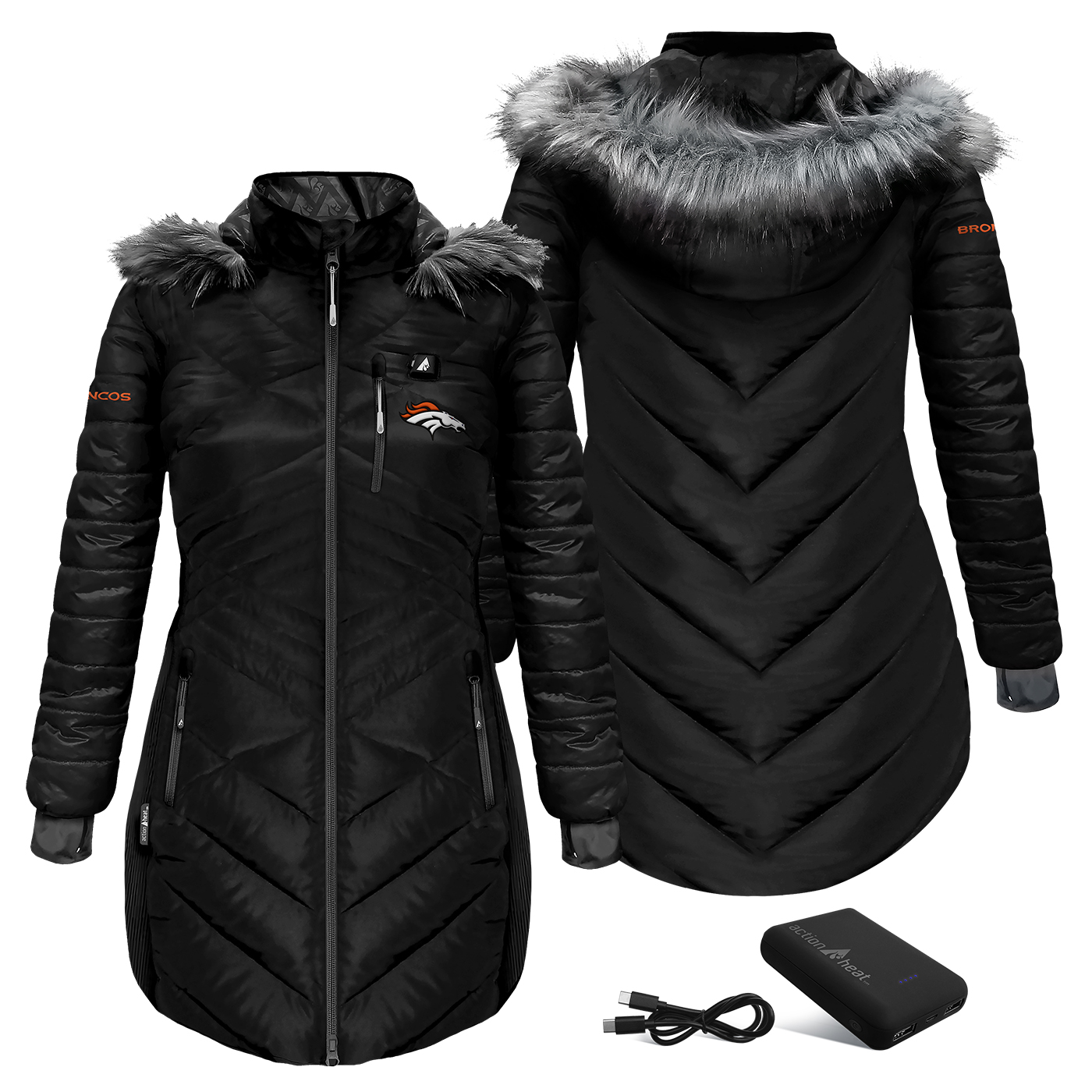 Women's ActionHeat Black Denver Broncos 5V Long Puffer Battery-Heated Jacket