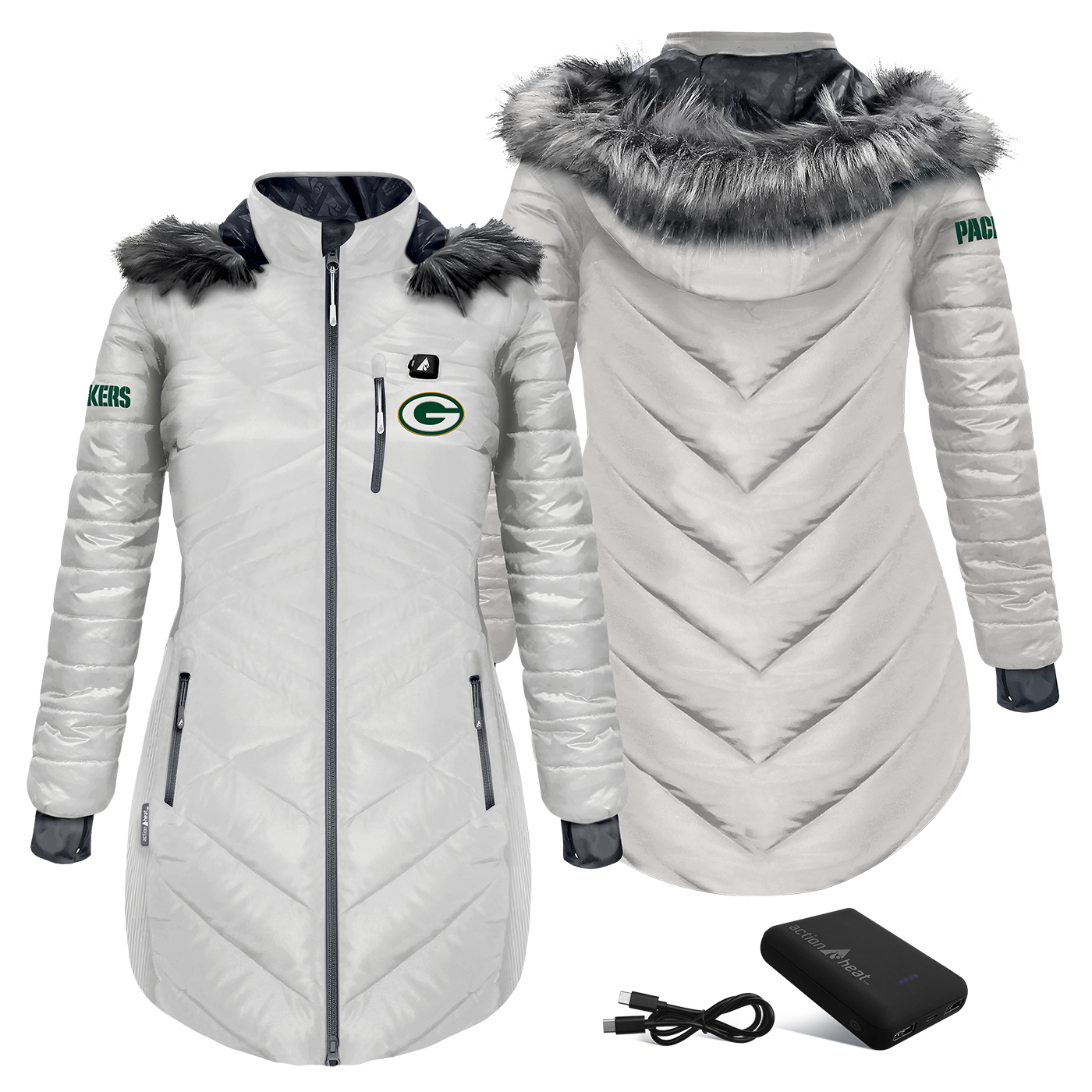 Women's ActionHeat White Green Bay Packers 5V Puffer Battery-Heated Jacket