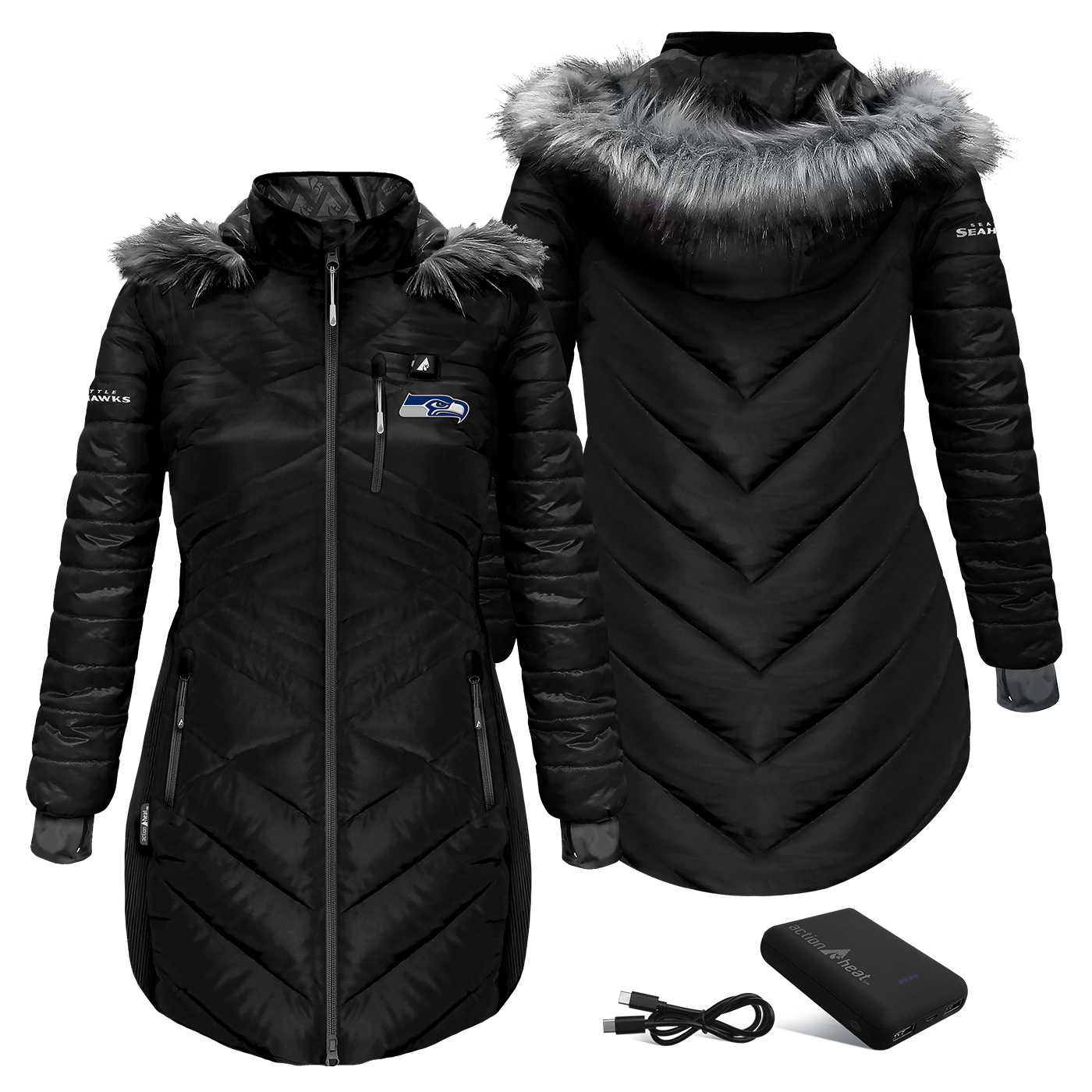 Women's ActionHeat Black Seattle Seahawks 5V Puffer Battery-Heated Jacket