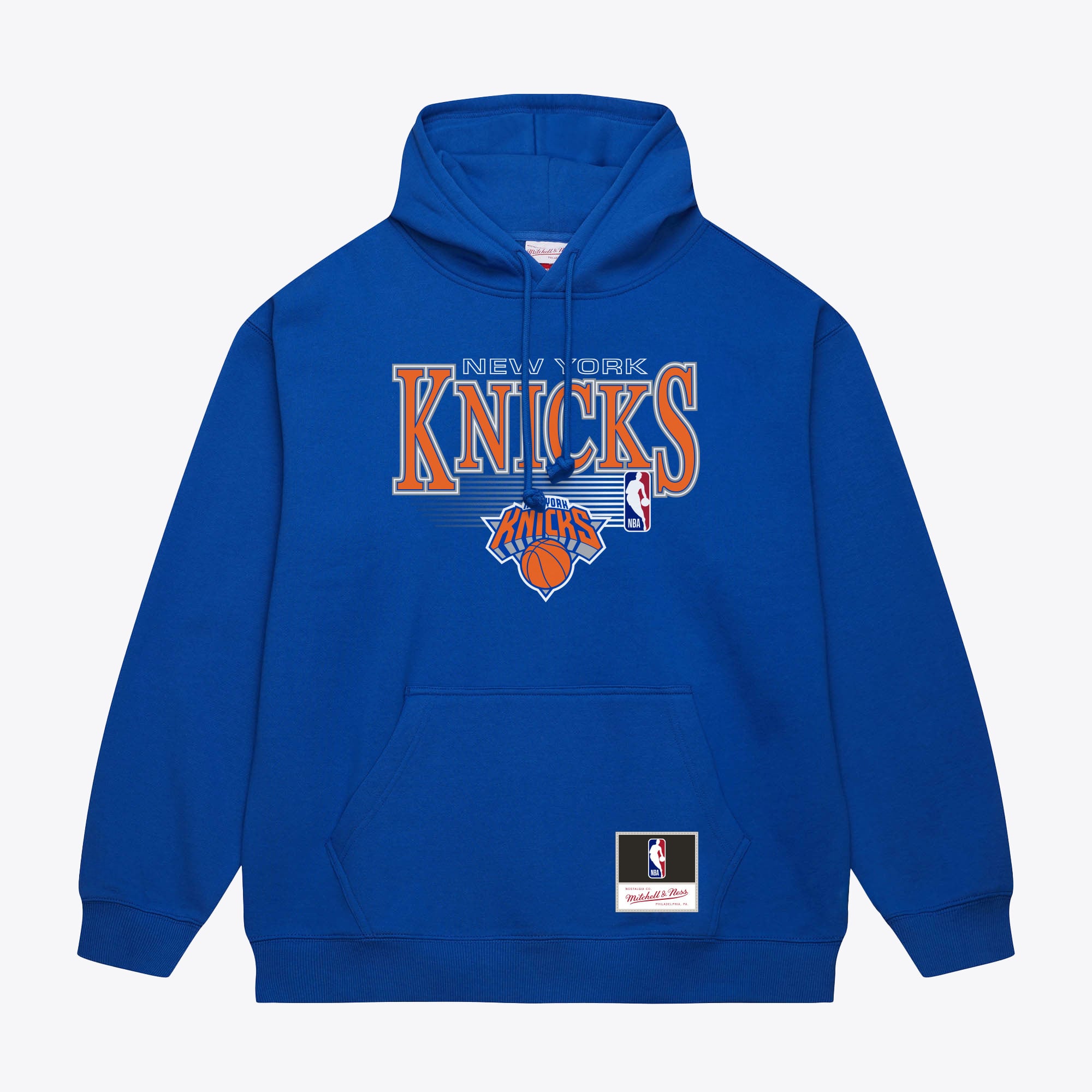 Men's Mitchell & Ness Blue New York Knicks Team Name Stack & Logo Hoodie