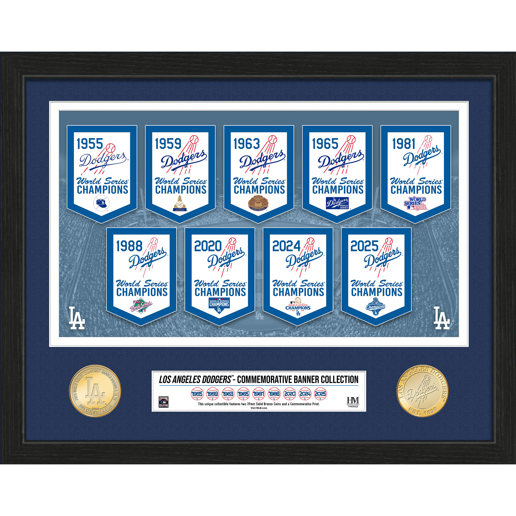 Highland Mint Los Angeles Dodgers 2026 Gold Collection 15" x 18" Nine-Time World Series Champions Banner Bronze Coin Photo Mint