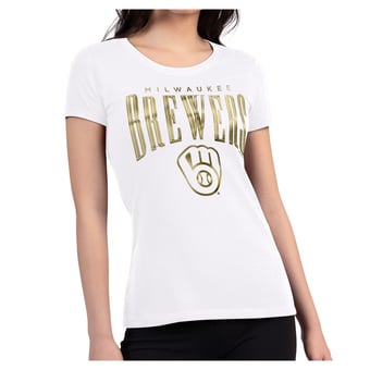 Women's G-III 4Her by Carl Banks White Milwaukee Brewers Metallic Team Name Super-Slim T-Shirt