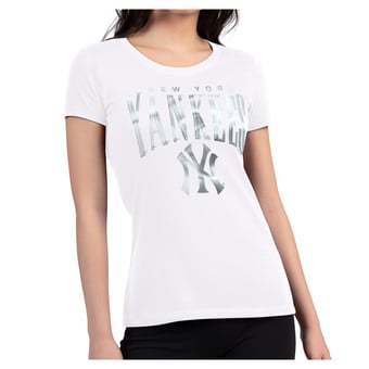 Women's G-III 4Her by Carl Banks White New York Yankees Metallic Team Name Super-Slim T-Shirt
