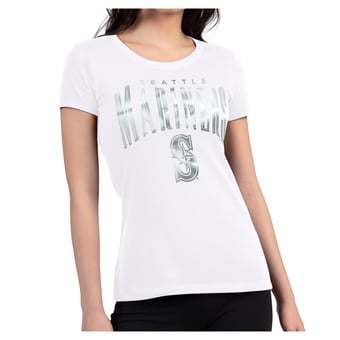 Women's G-III 4Her by Carl Banks White Seattle Mariners Metallic Team Name Super-Slim T-Shirt