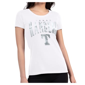 Women's G-III 4Her by Carl Banks White Texas Rangers Metallic Team Name Super-Slim T-Shirt