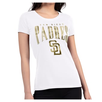 Women's G-III 4Her by Carl Banks White San Diego Padres Metallic Team Name Super-Slim T-Shirt