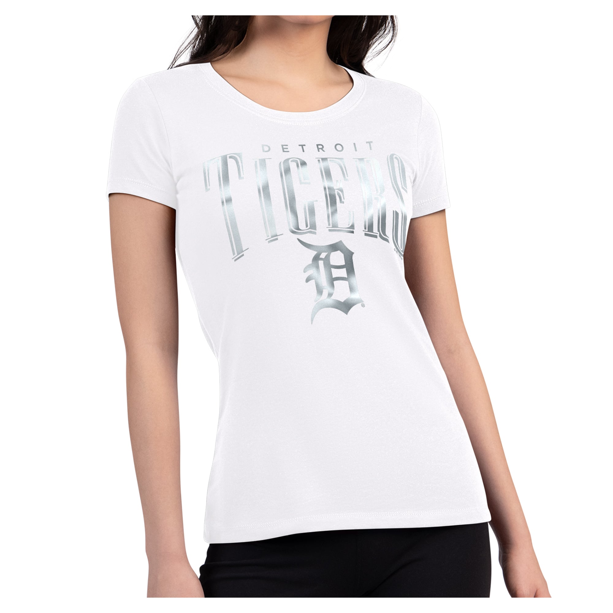 Women's G-III 4Her by Carl Banks White Detroit Tigers Metallic Team Name Super-Slim T-Shirt