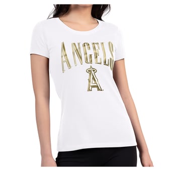 Women's G-III 4Her by Carl Banks White Los Angeles Angels Metallic Team Name Super-Slim T-Shirt