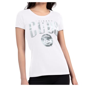 Women's G-III 4Her by Carl Banks White Chicago Cubs Metallic Team Name Super-Slim T-Shirt