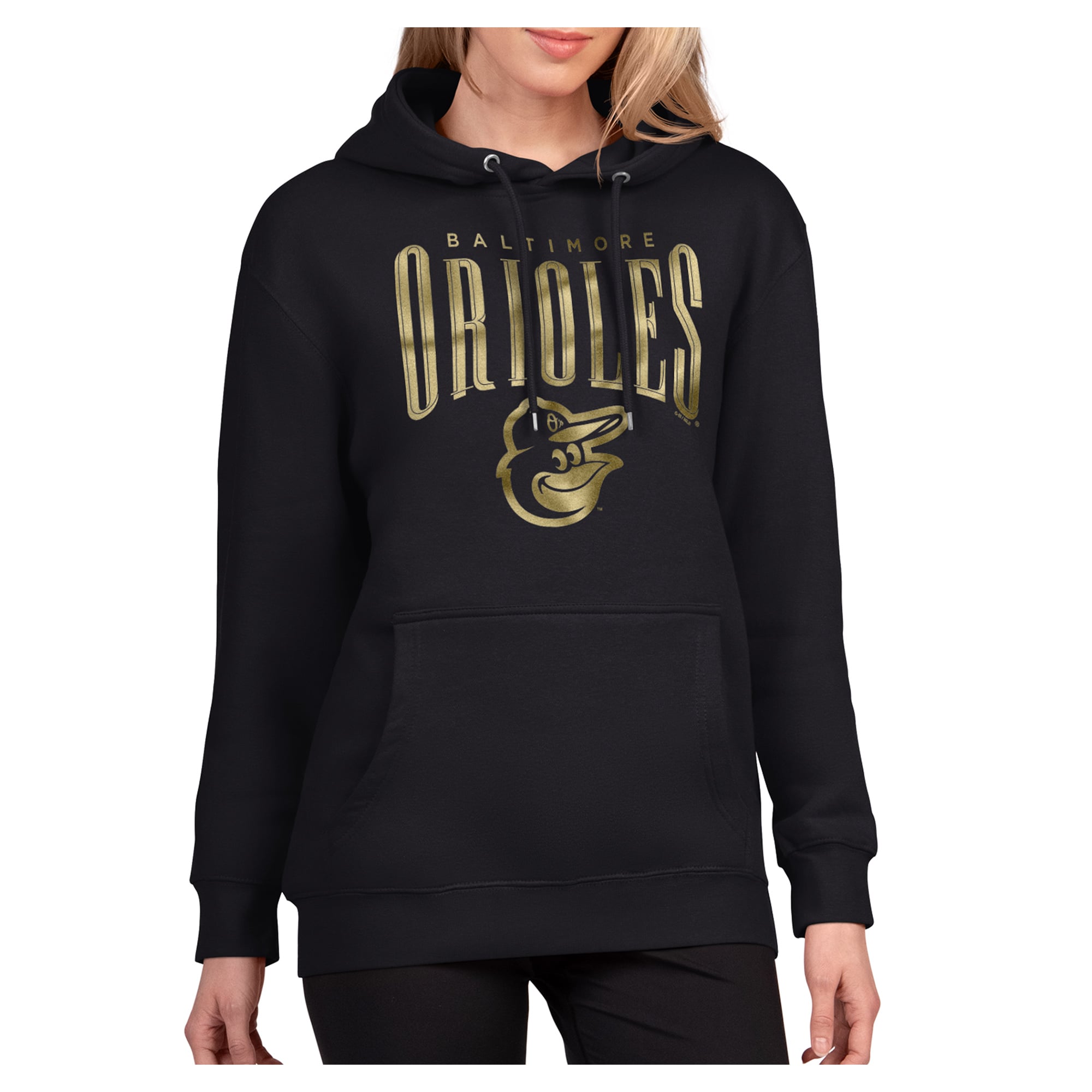 Women's G-III 4Her by Carl Banks Black Baltimore Orioles Metallic Team Name Fleece Hoodie