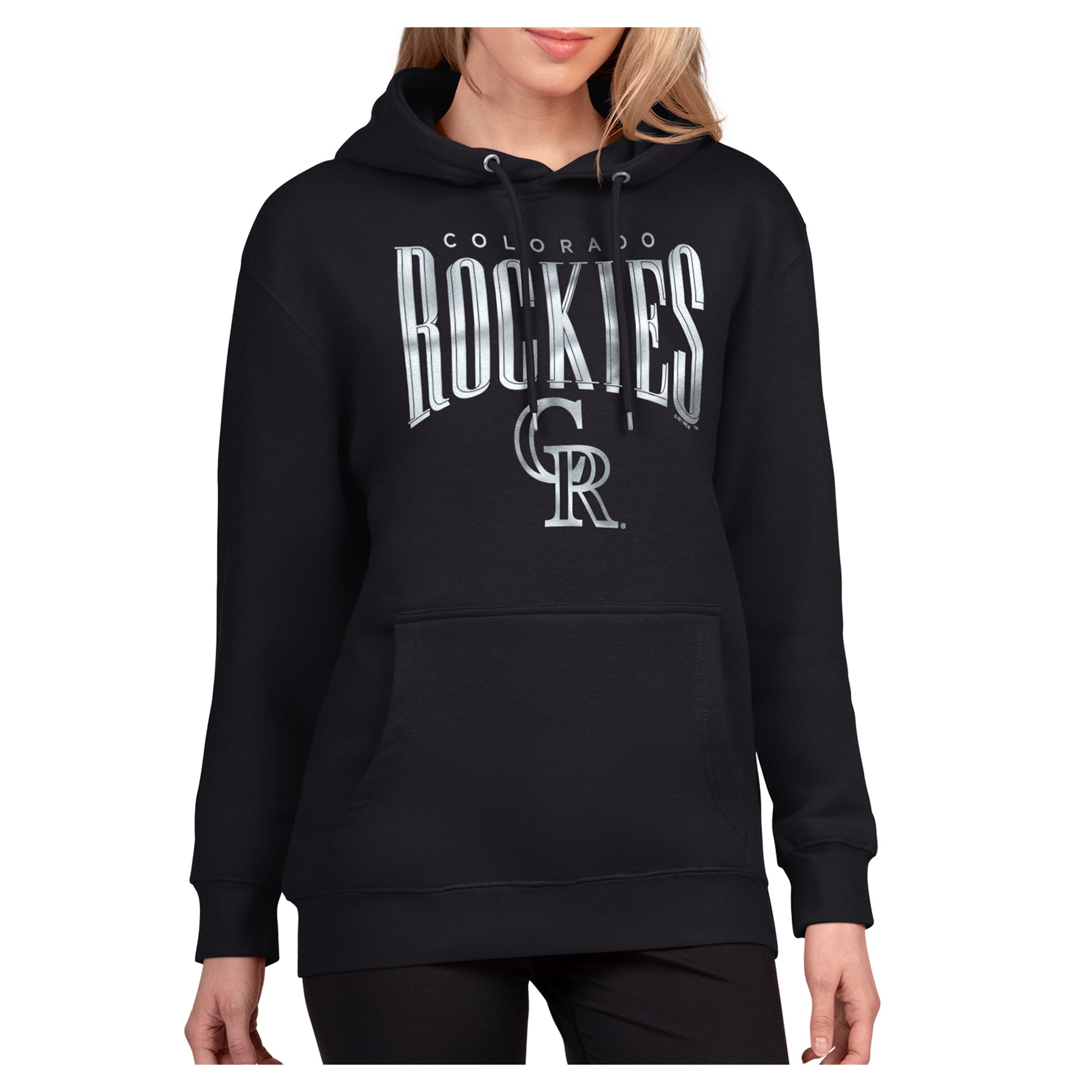 Women's G-III 4Her by Carl Banks Black Colorado Rockies Metallic Team Name Fleece Hoodie