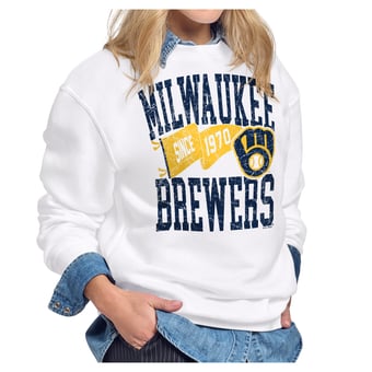 Women's Starter White Milwaukee Brewers Pennant Flag Fleece Sweatshirt