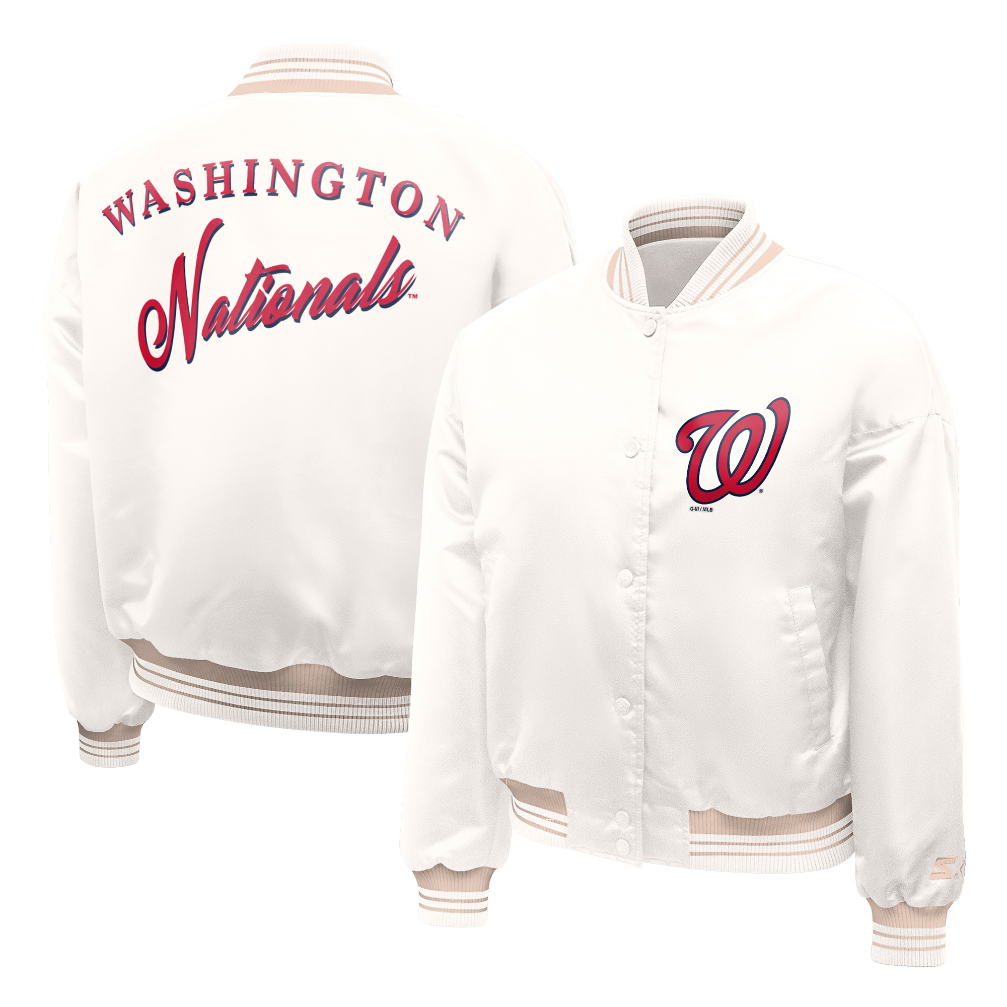 Women’s Starter Cream Washington Nationals Fashion Script Satin Full-Snap Varsity Jacket