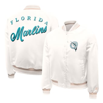 Women's Starter Cream Florida Marlins Cooperstown Collection Fashion Script Satin Full-Snap Varsity Jacket